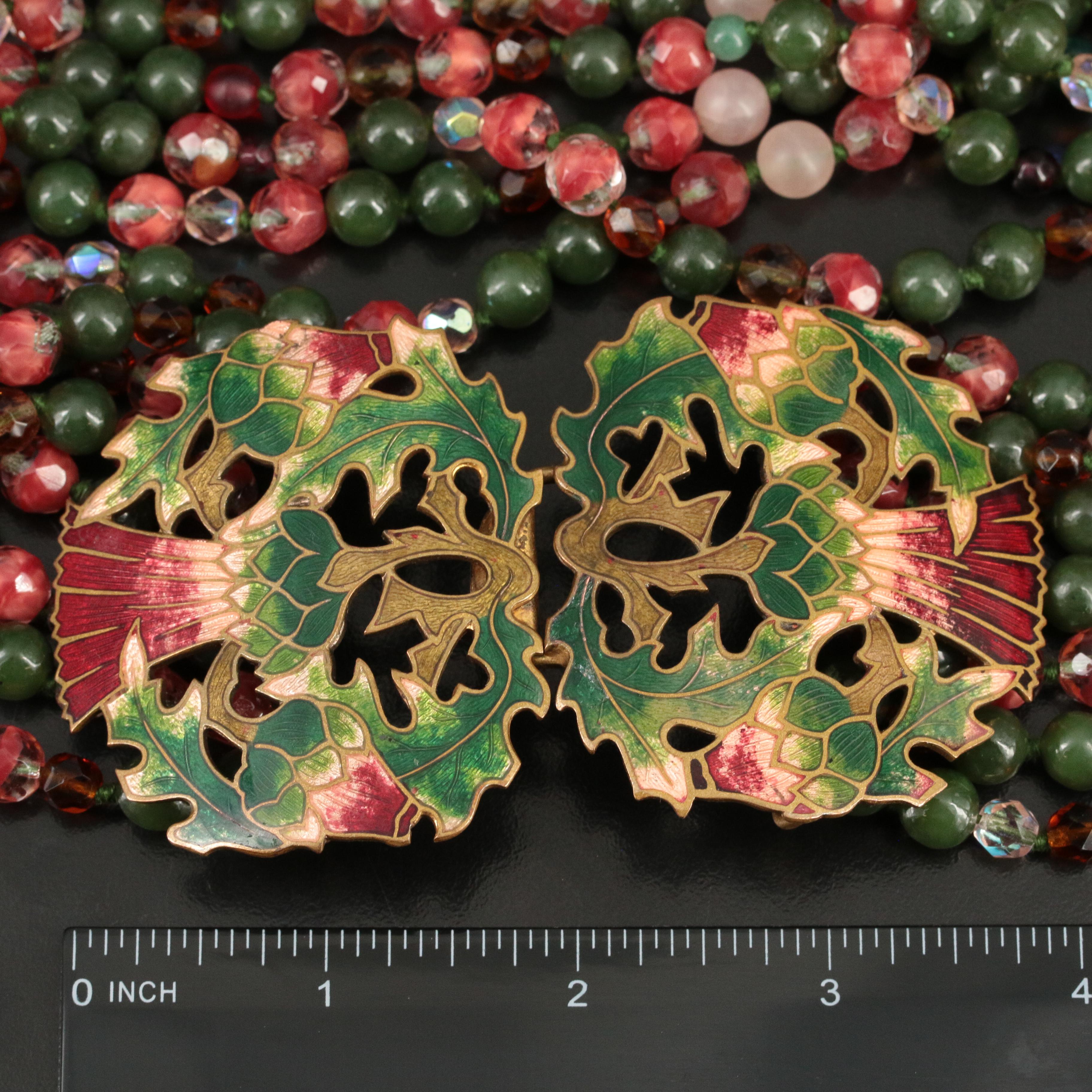 1960s Gemstone and Vintage Glass Torsade Necklace Featuring Enamel Thistle Clasp