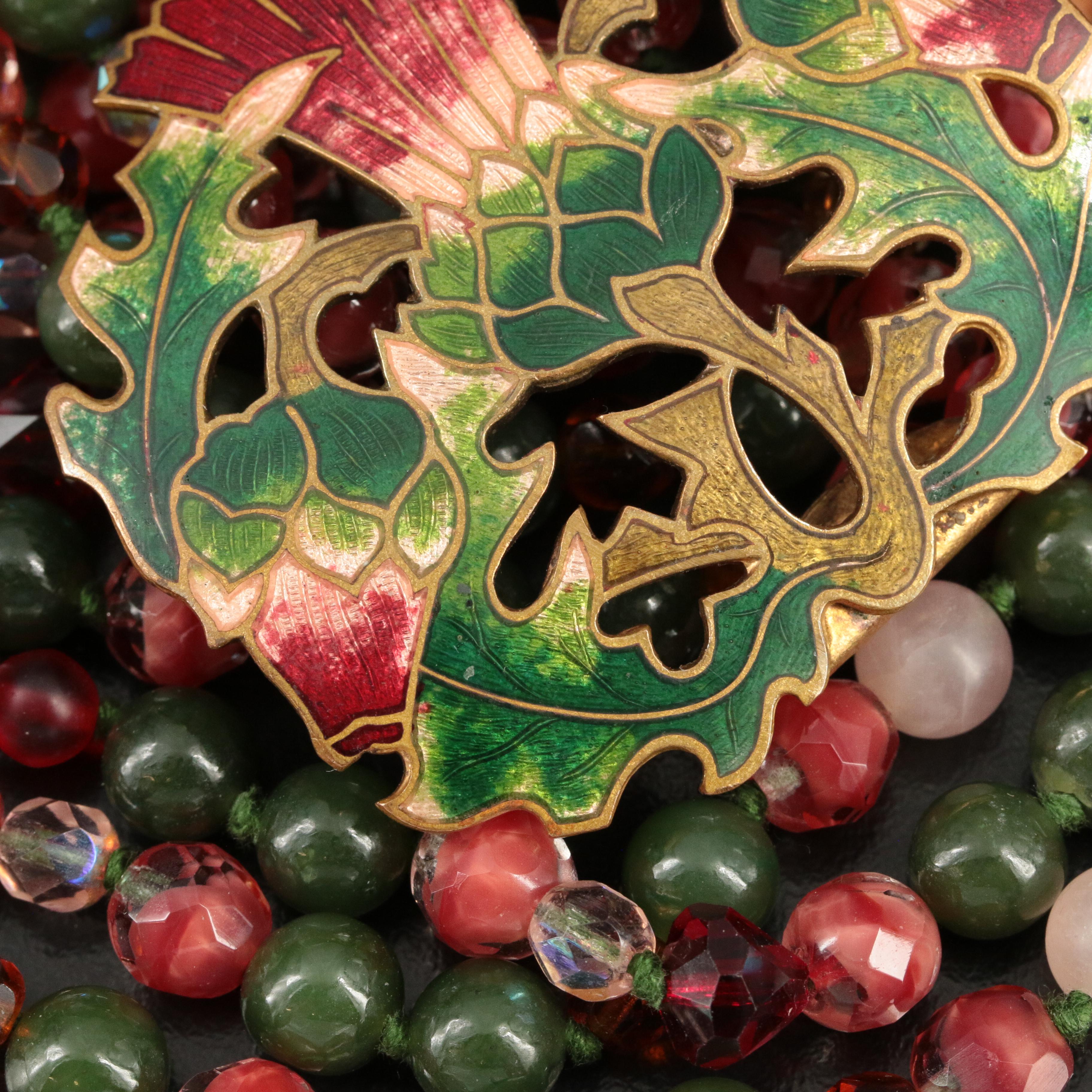 1960s Gemstone and Vintage Glass Torsade Necklace Featuring Enamel Thistle Clasp