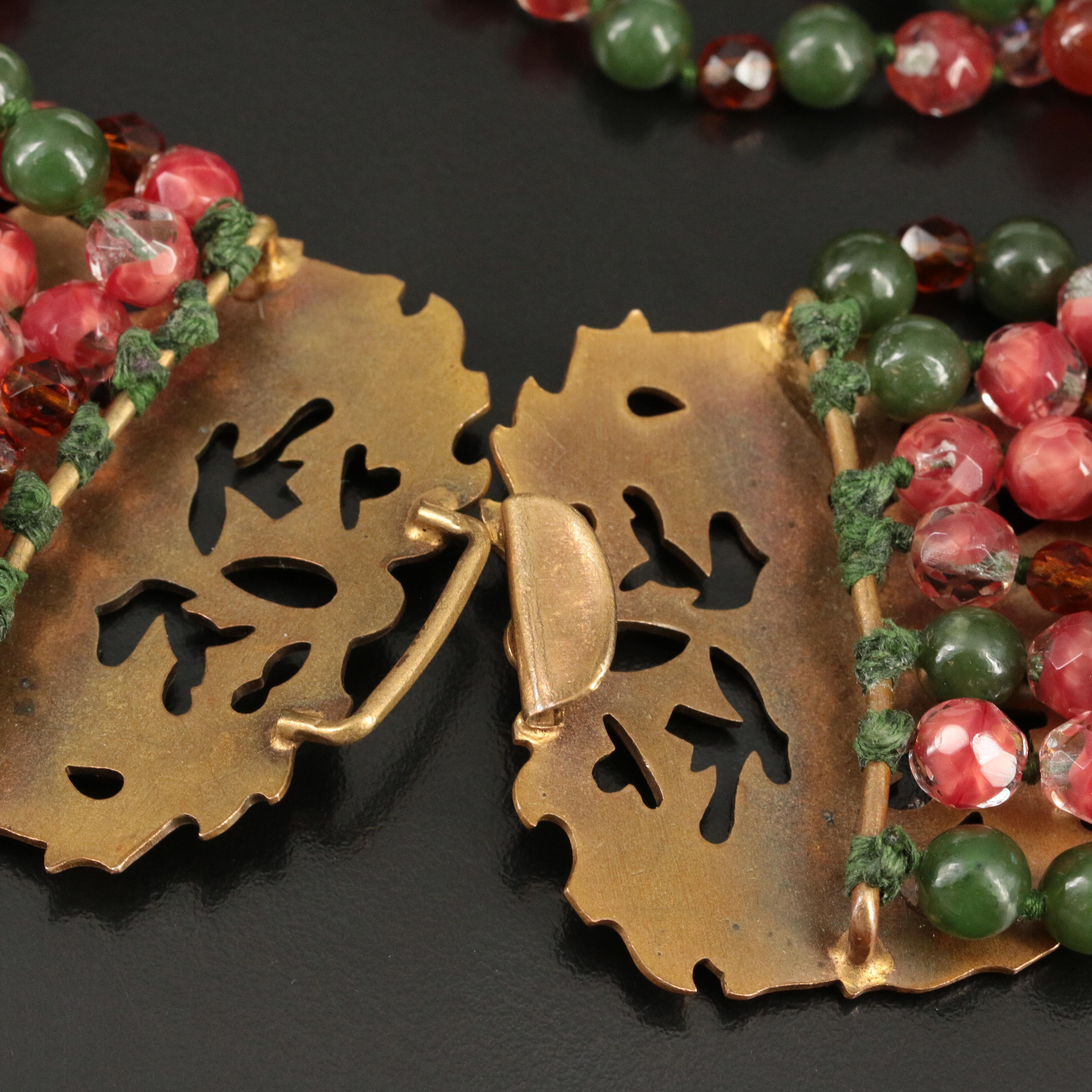 1960s Gemstone and Vintage Glass Torsade Necklace Featuring Enamel Thistle Clasp