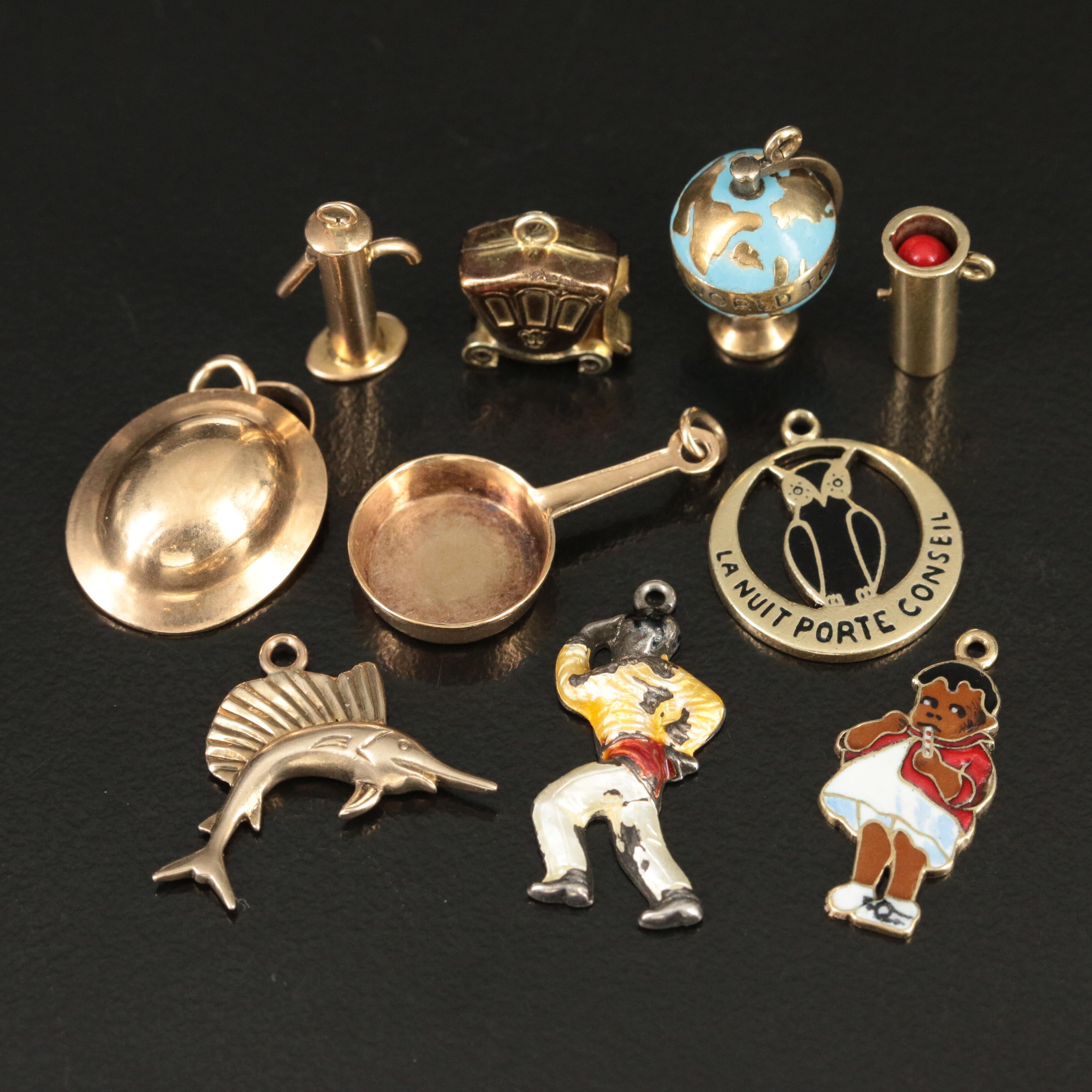Selection of  Enamel Charms Including Vintage 14K Cartier Owl