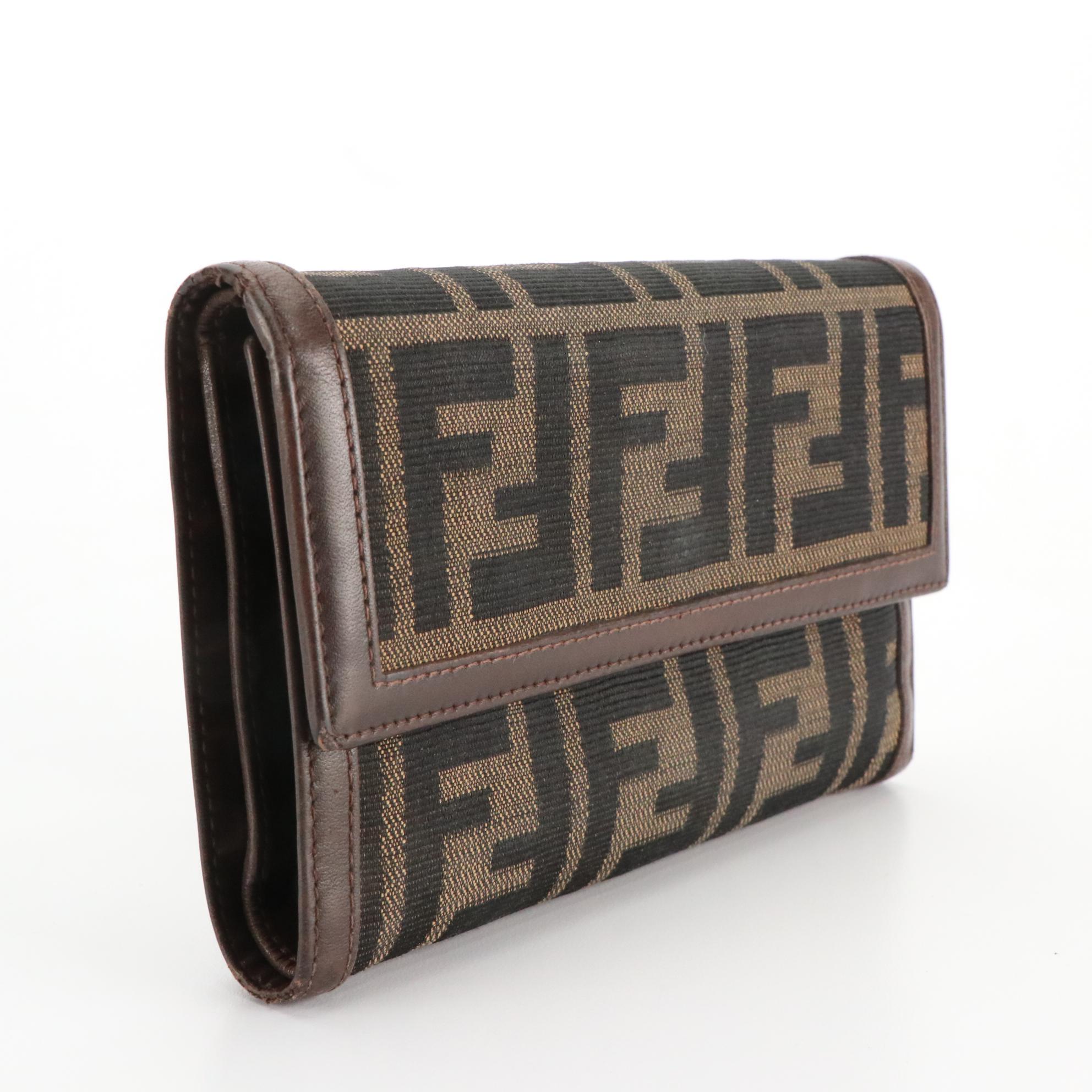 Fendi Trifold Compact Wallet in Zucca Canvas and Leather