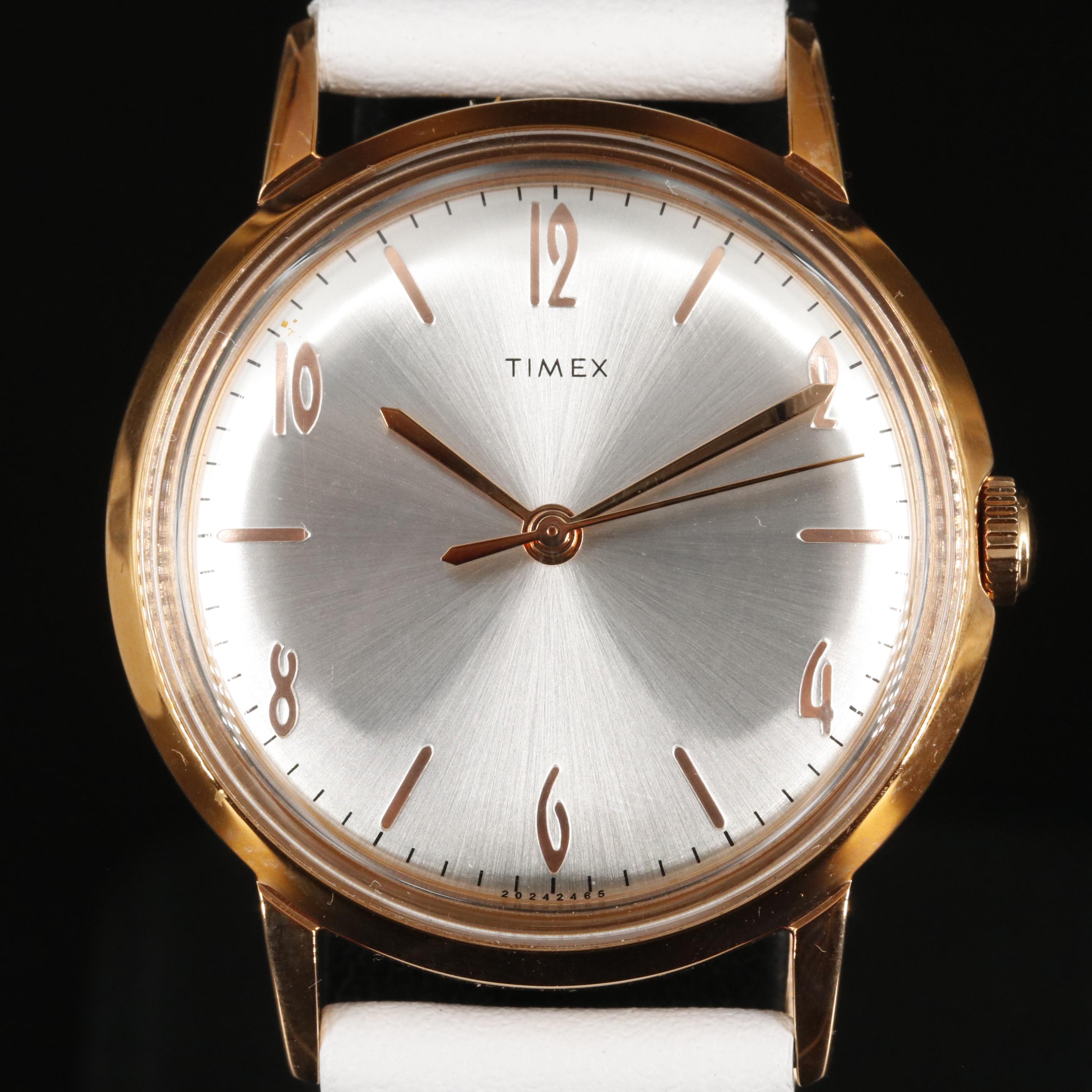 Timex Marlin Mechanical Watch with Silver Tone Dial and White Leather Strap