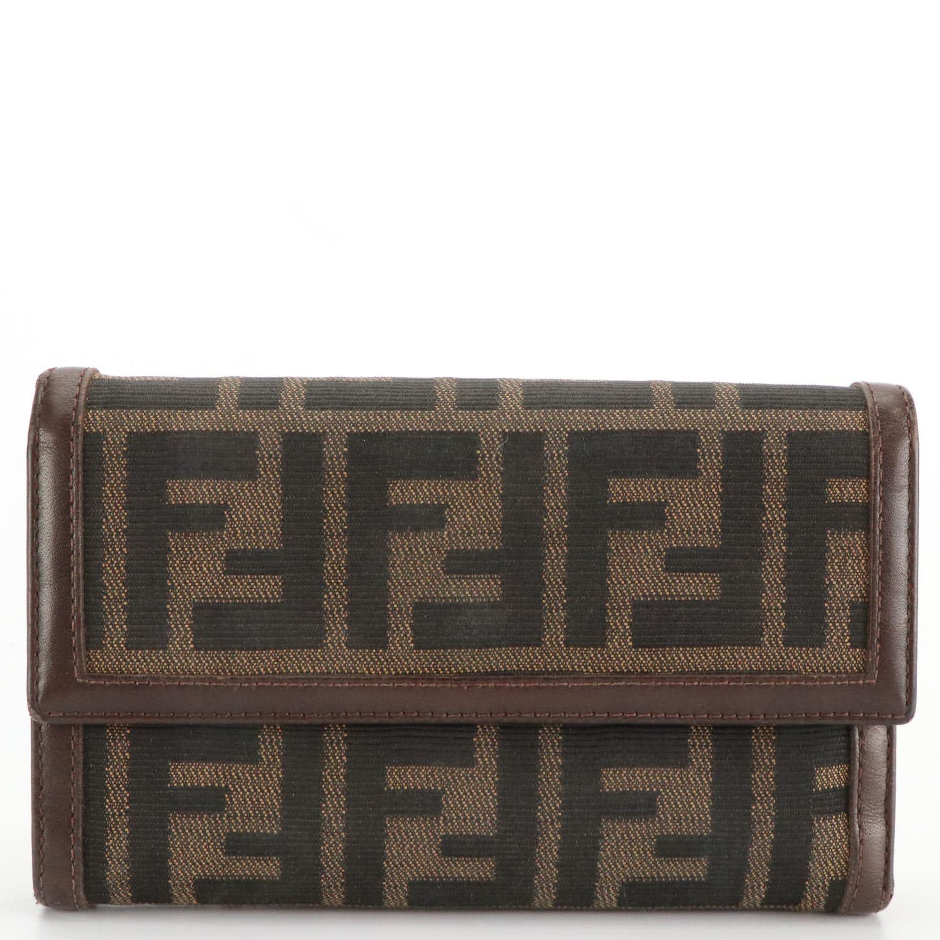 Fendi Trifold Compact Wallet in Zucca Canvas and Leather