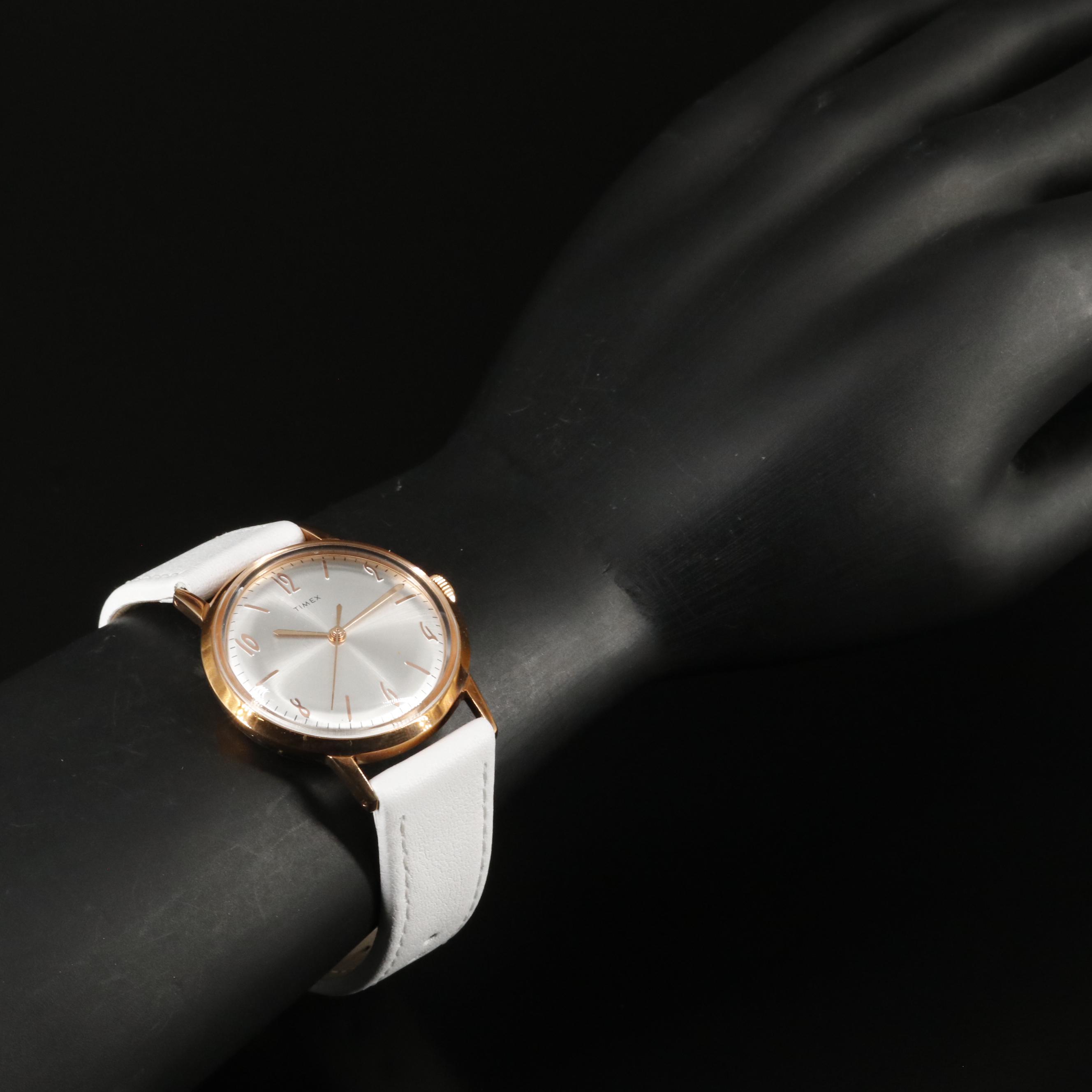 Timex Marlin Mechanical Watch with Silver Tone Dial and White Leather Strap