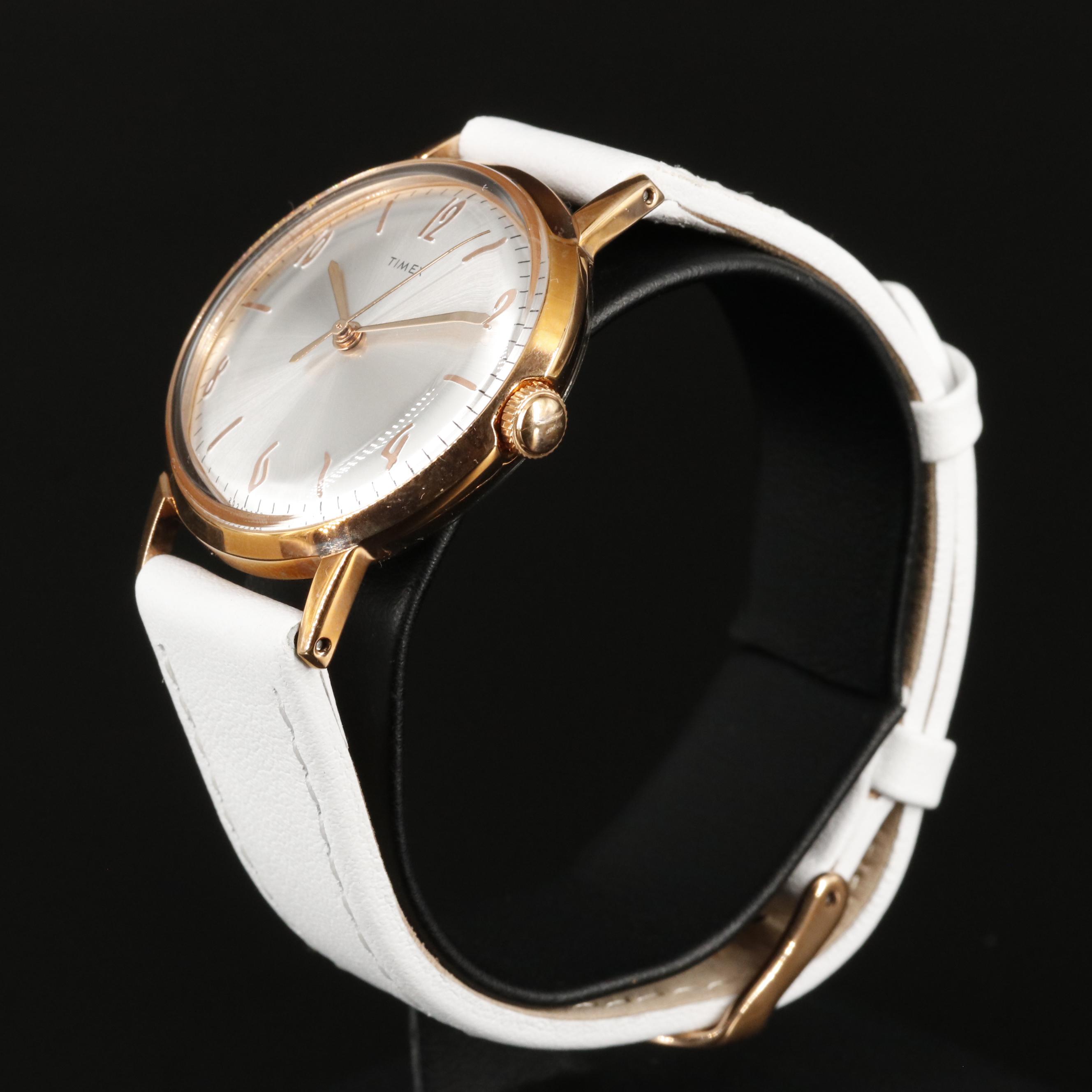 Timex Marlin Mechanical Watch with Silver Tone Dial and White Leather Strap