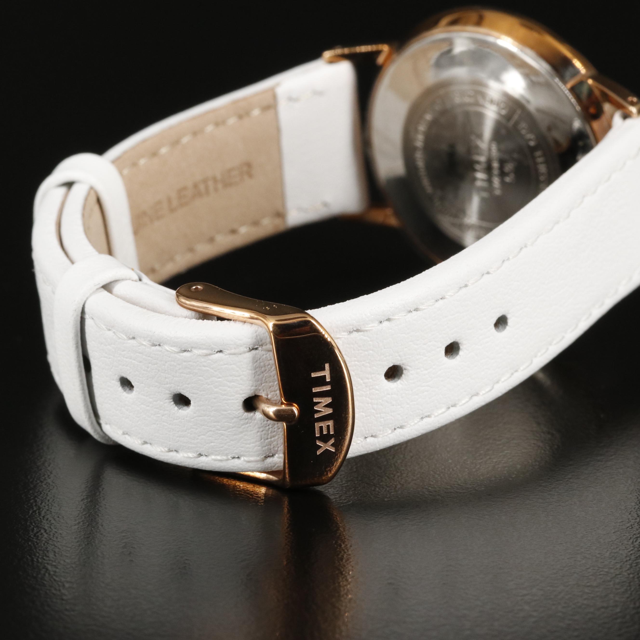 Timex Marlin Mechanical Watch with Silver Tone Dial and White Leather Strap