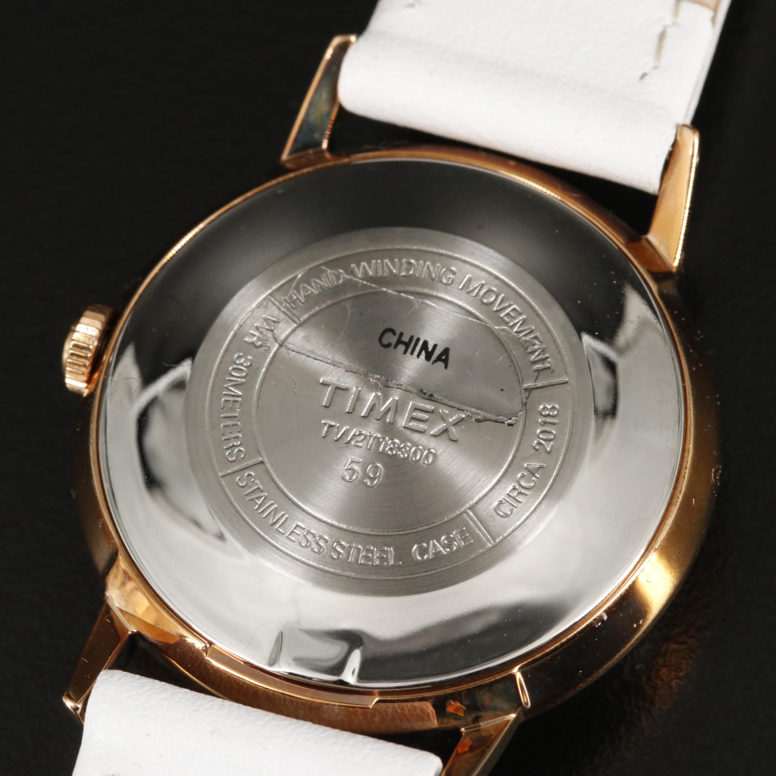 Timex Marlin Mechanical Watch with Silver Tone Dial and White Leather Strap