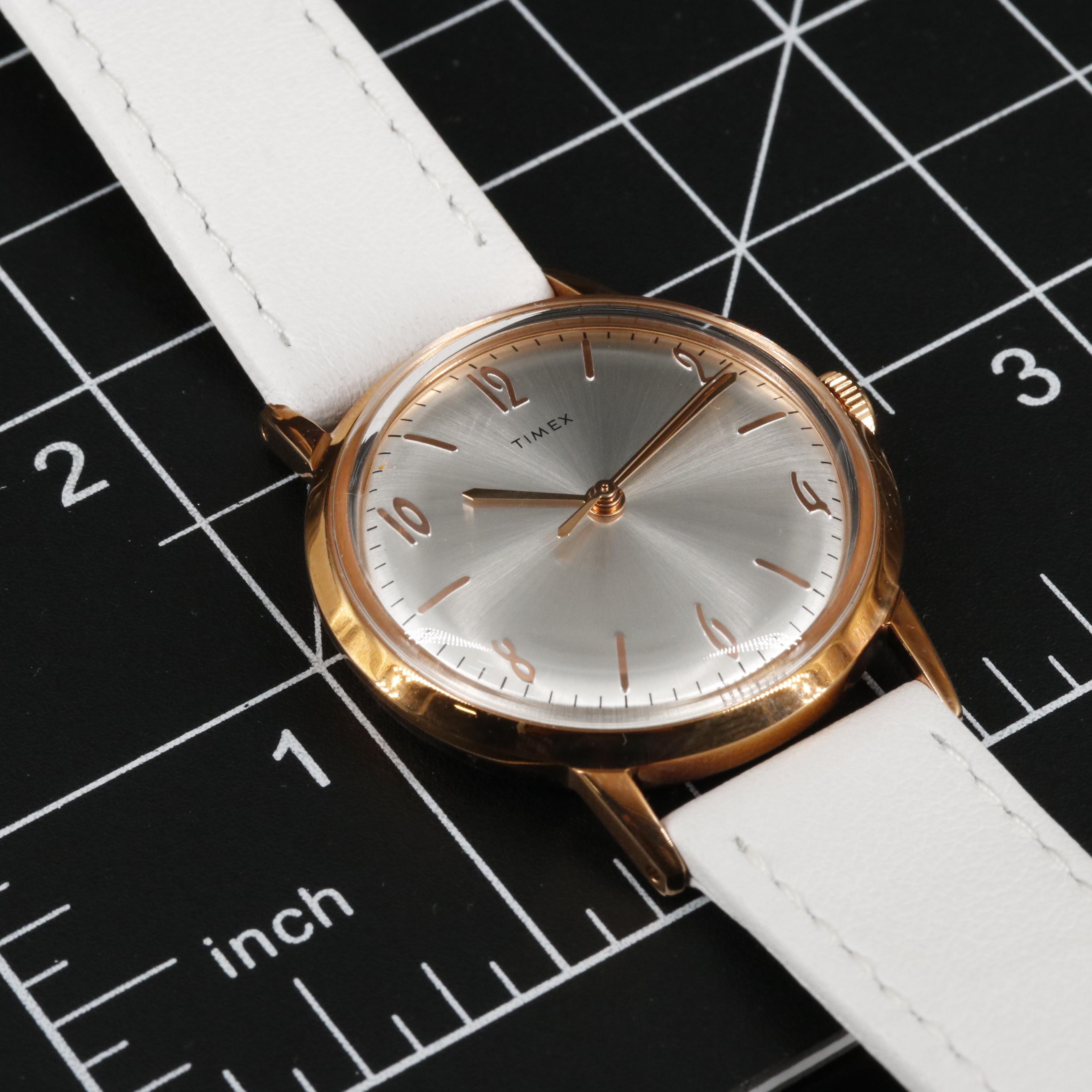 Timex Marlin Mechanical Watch with Silver Tone Dial and White Leather Strap