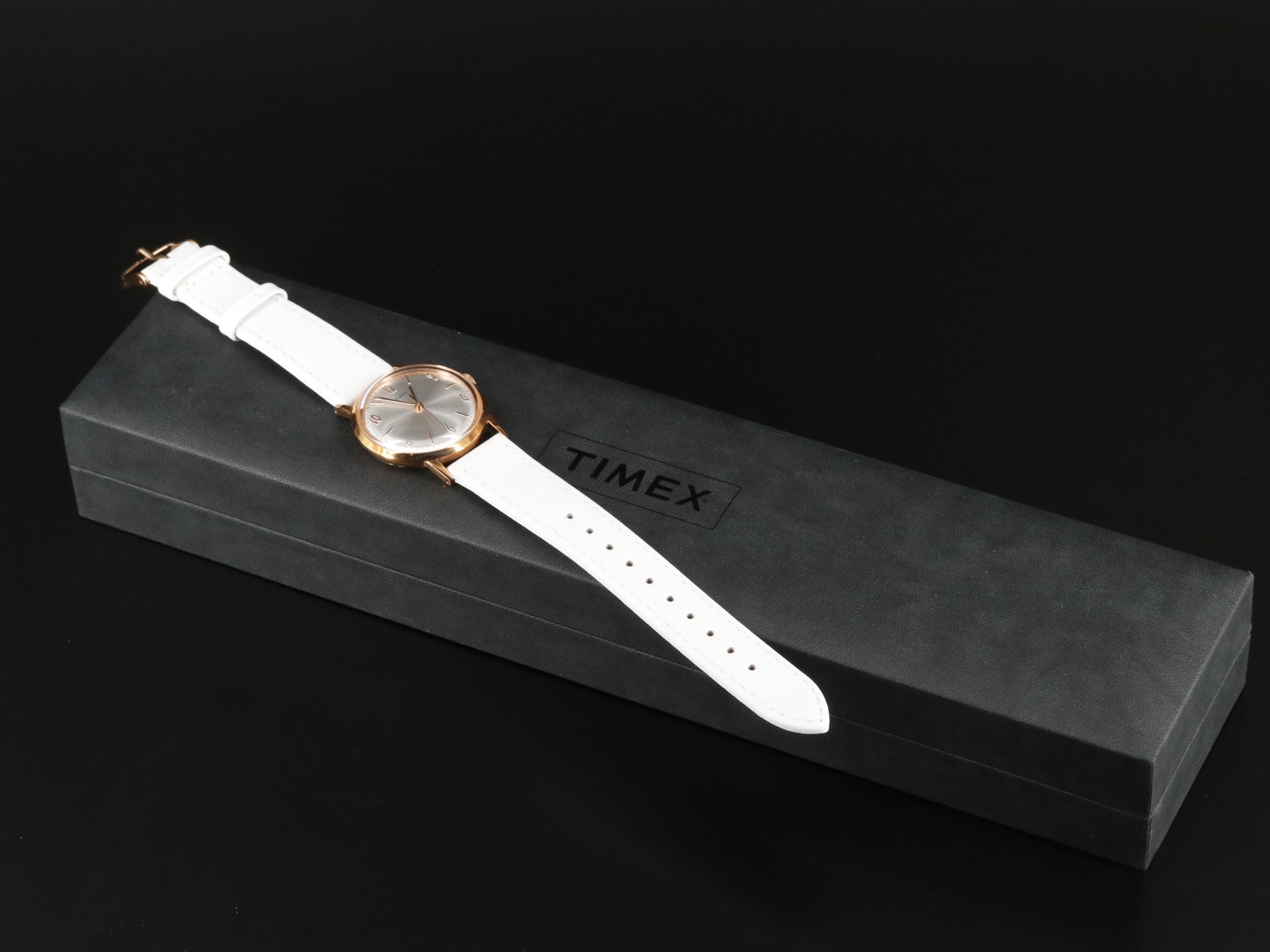 Timex Marlin Mechanical Watch with Silver Tone Dial and White Leather Strap