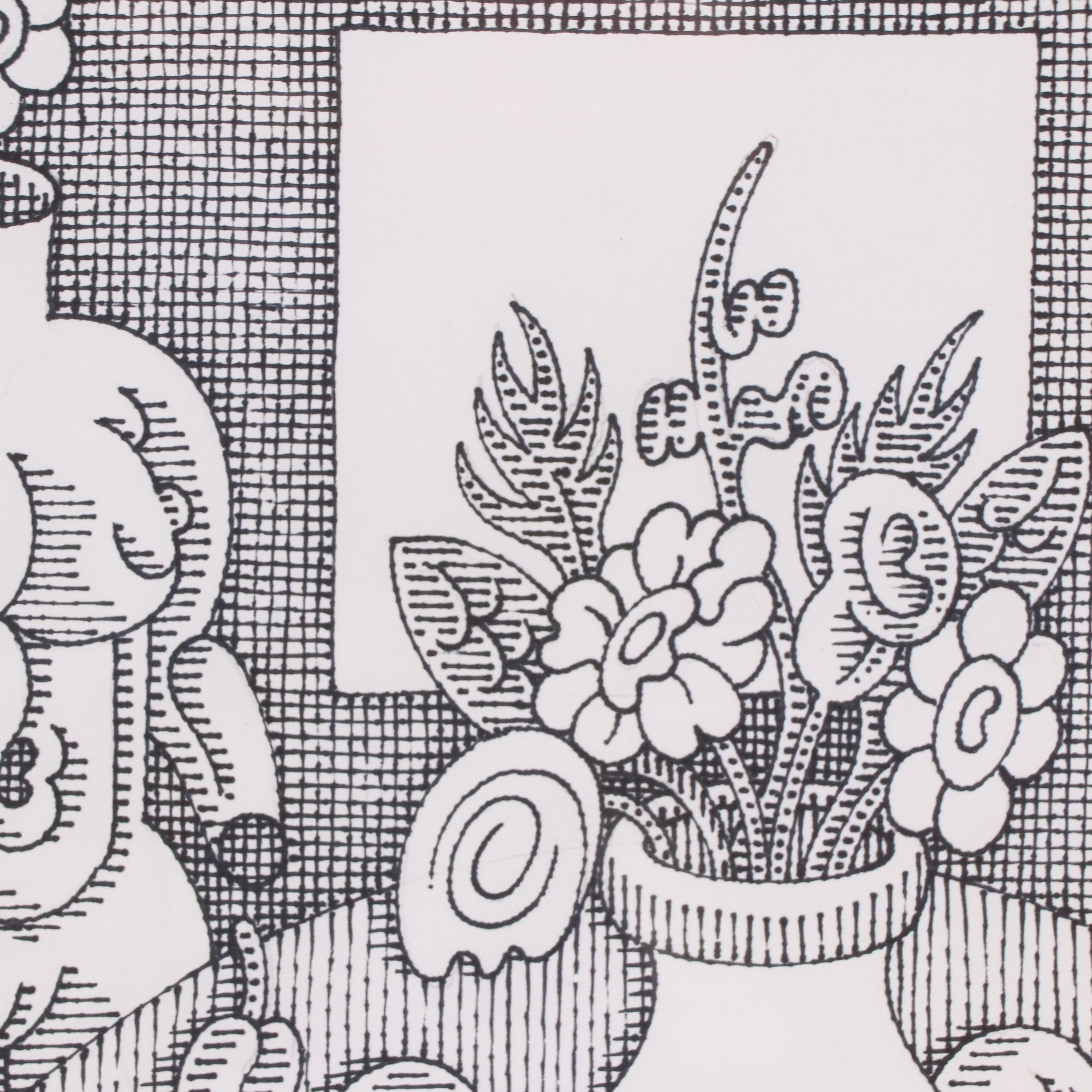 Jerry Kellems Stylized Surrealist Drawing "A Trio of Peculiarities," 1997