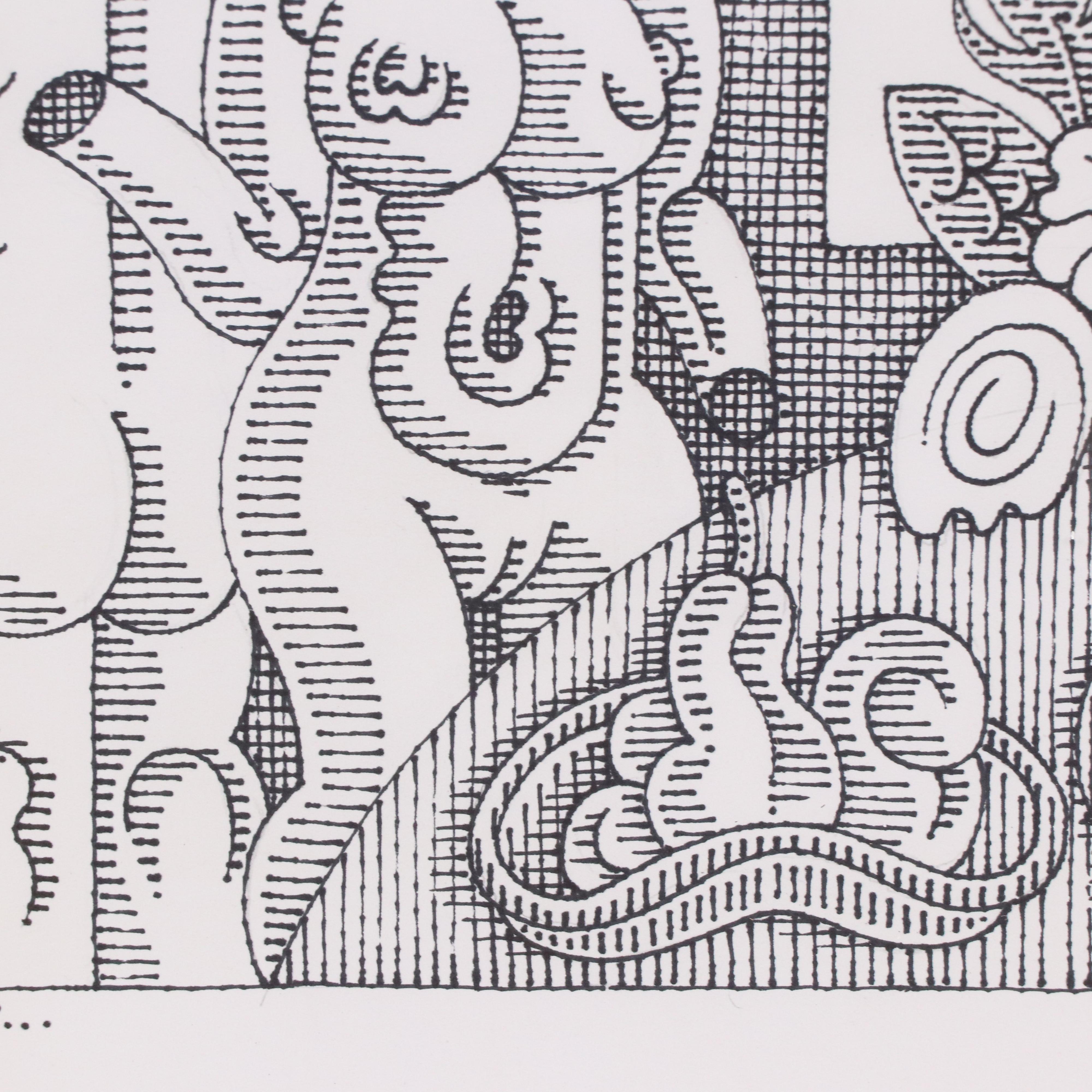 Jerry Kellems Stylized Surrealist Drawing "A Trio of Peculiarities," 1997