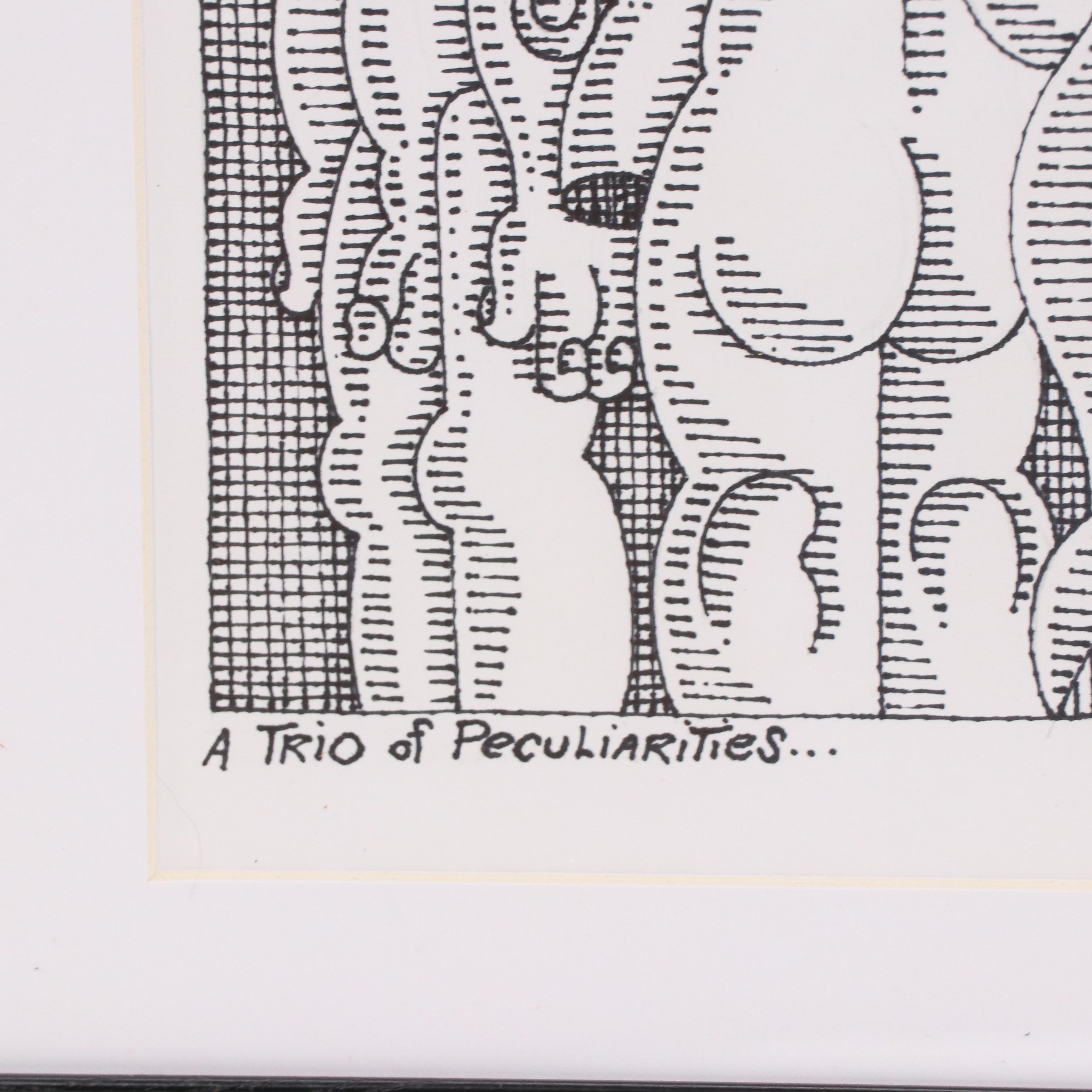 Jerry Kellems Stylized Surrealist Drawing "A Trio of Peculiarities," 1997