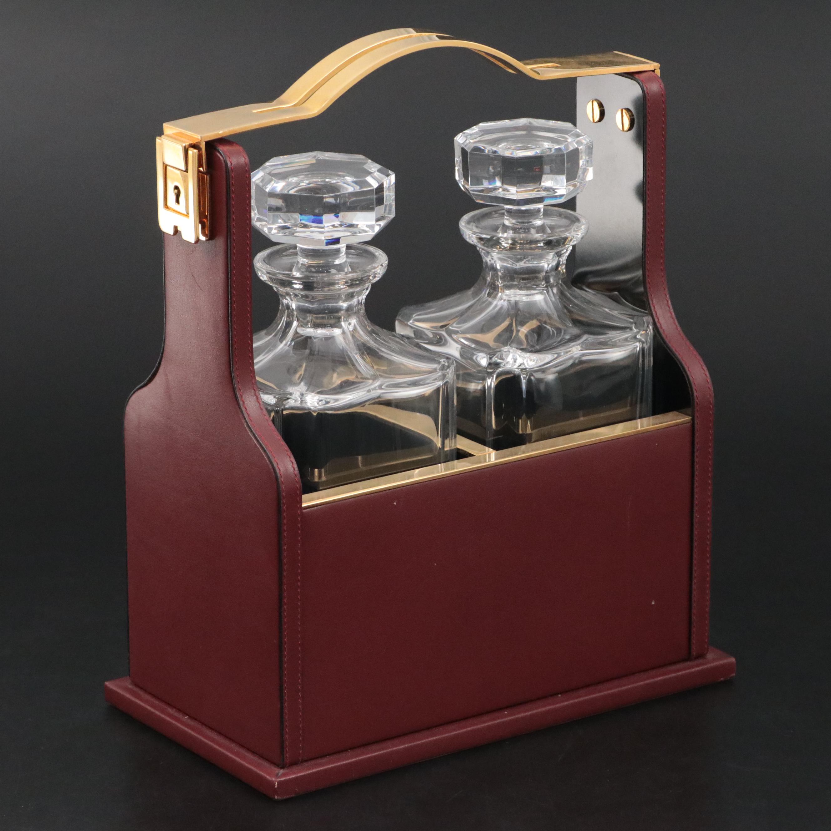 Cartier Crystal Decanters with Italian-Made Burgundy Leather and Brass Tantalus