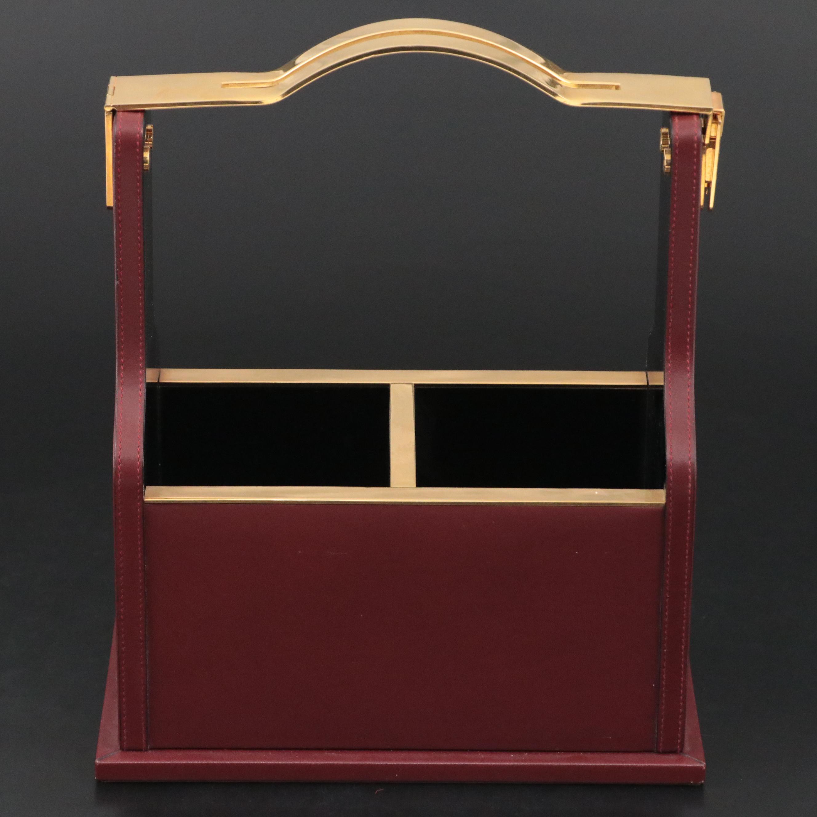 Cartier Crystal Decanters with Italian-Made Burgundy Leather and Brass Tantalus
