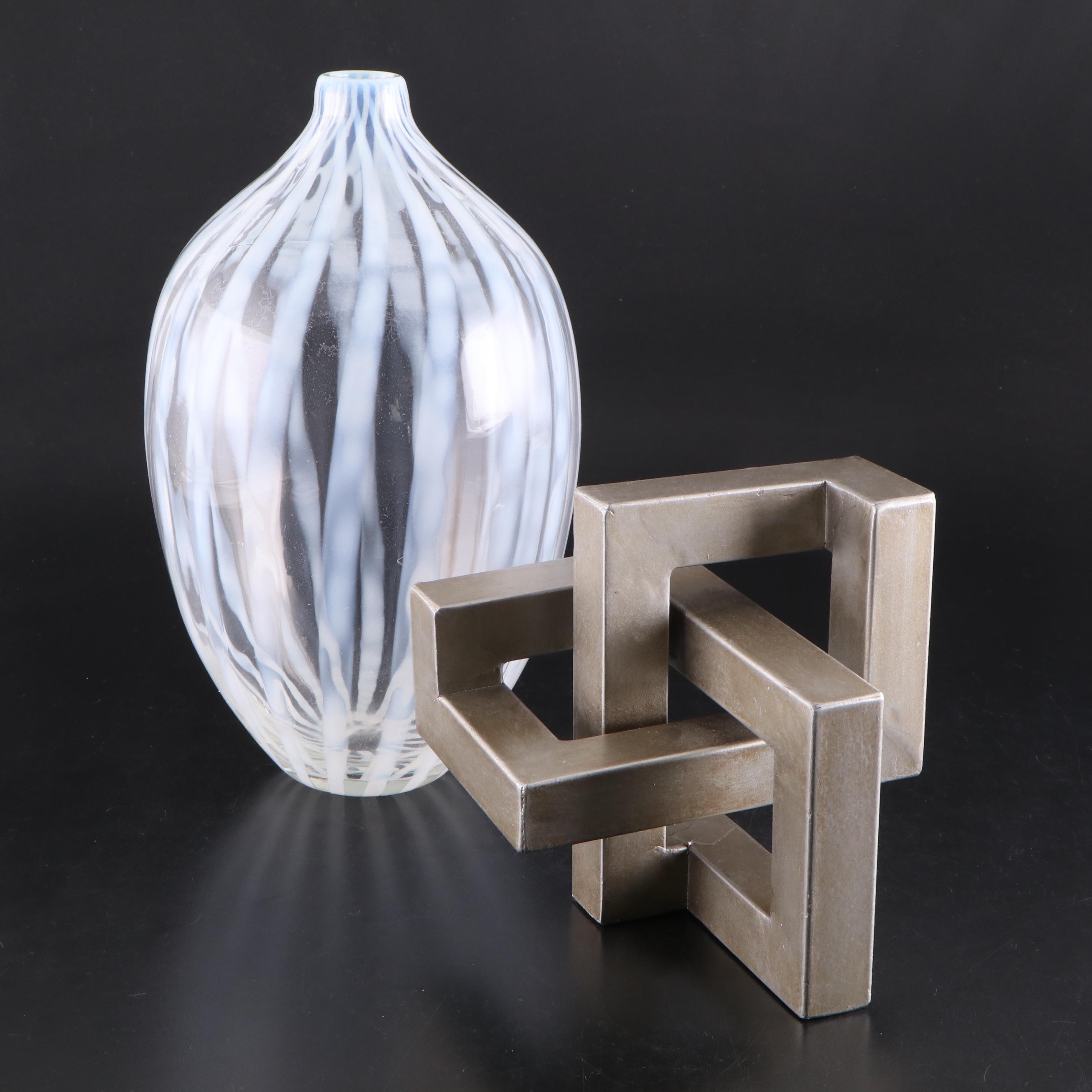 Murano Style Striped Pattern Glass Vase with Abstract Metal Sculpture