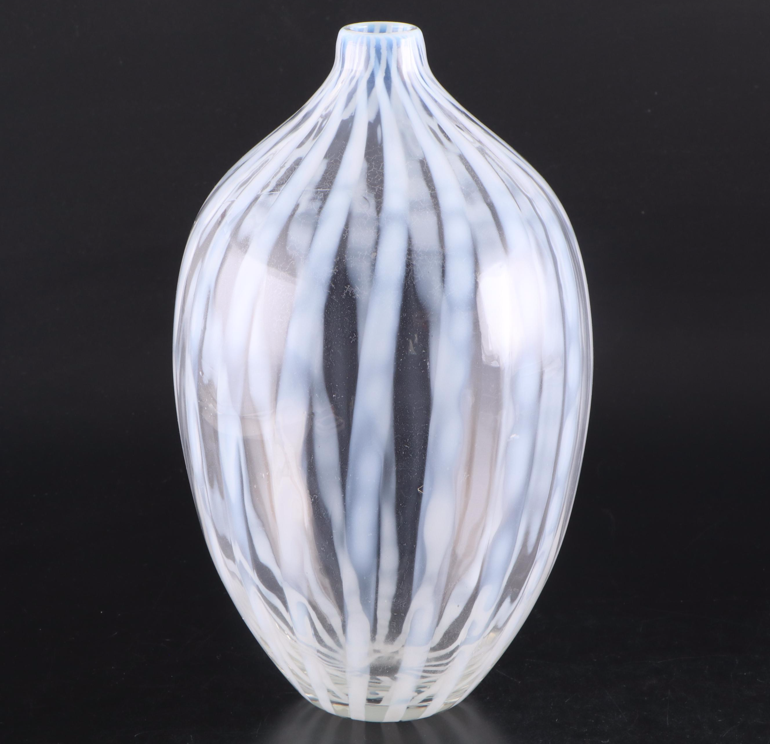 Murano Style Striped Pattern Glass Vase with Abstract Metal Sculpture