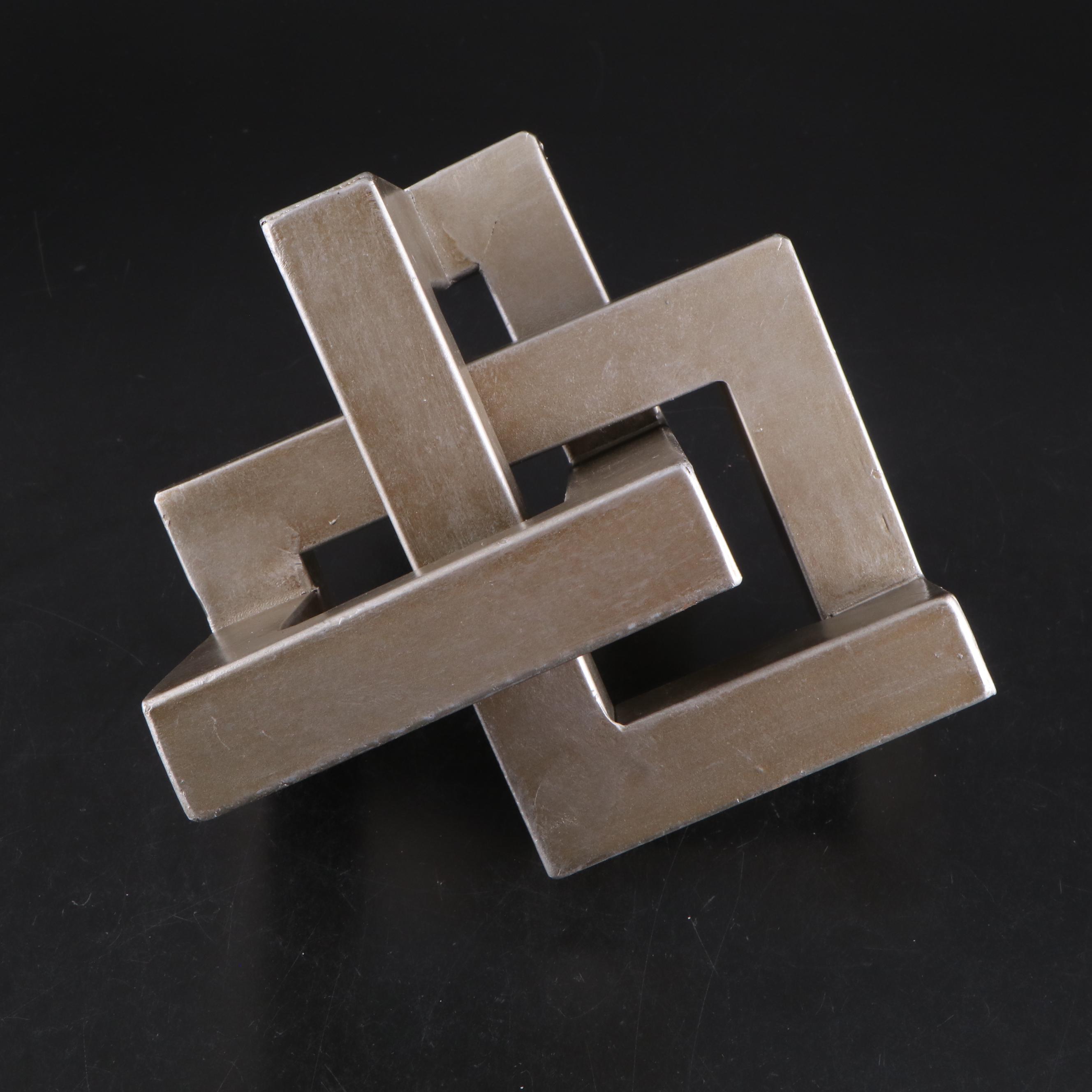 Murano Style Striped Pattern Glass Vase with Abstract Metal Sculpture