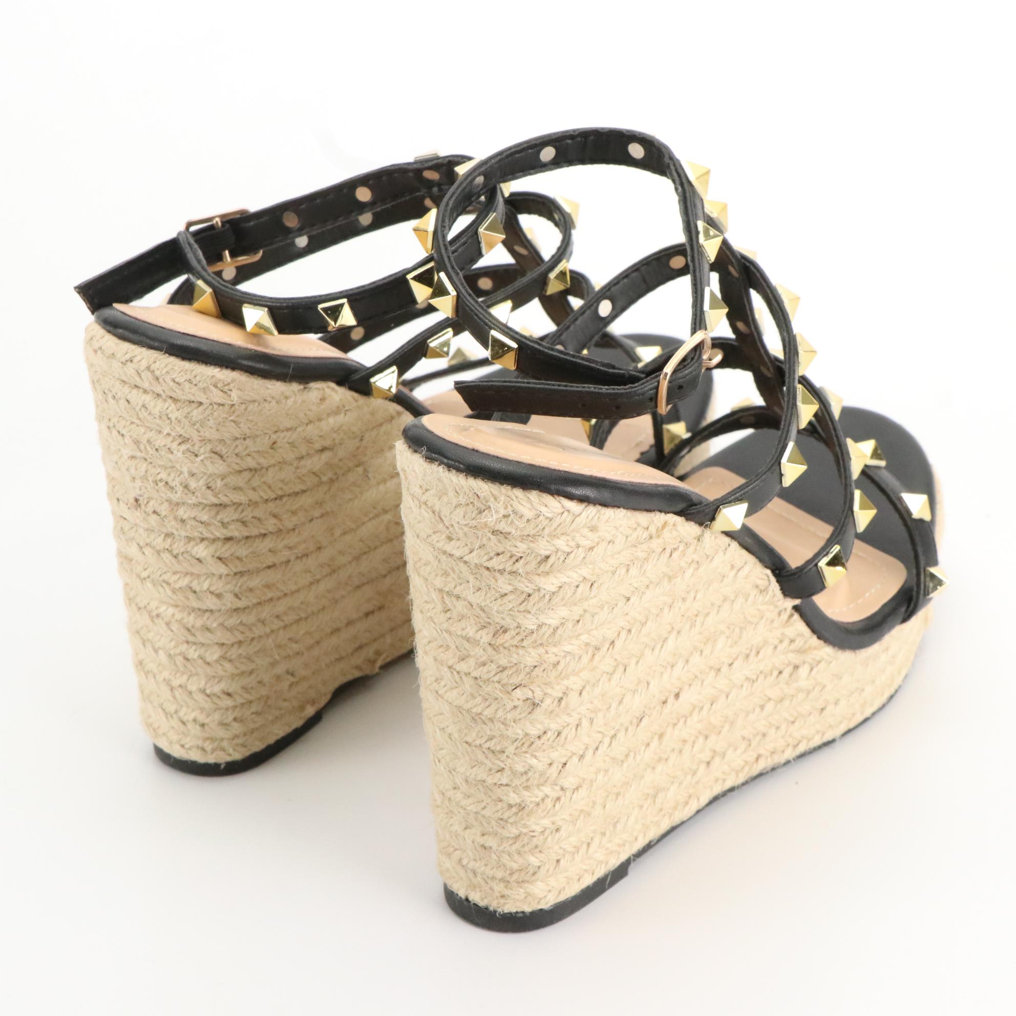 Wild Diva Lounge Ayla-70 Studded Wedges and Bona-41 Square Toe Sandals, Boxes