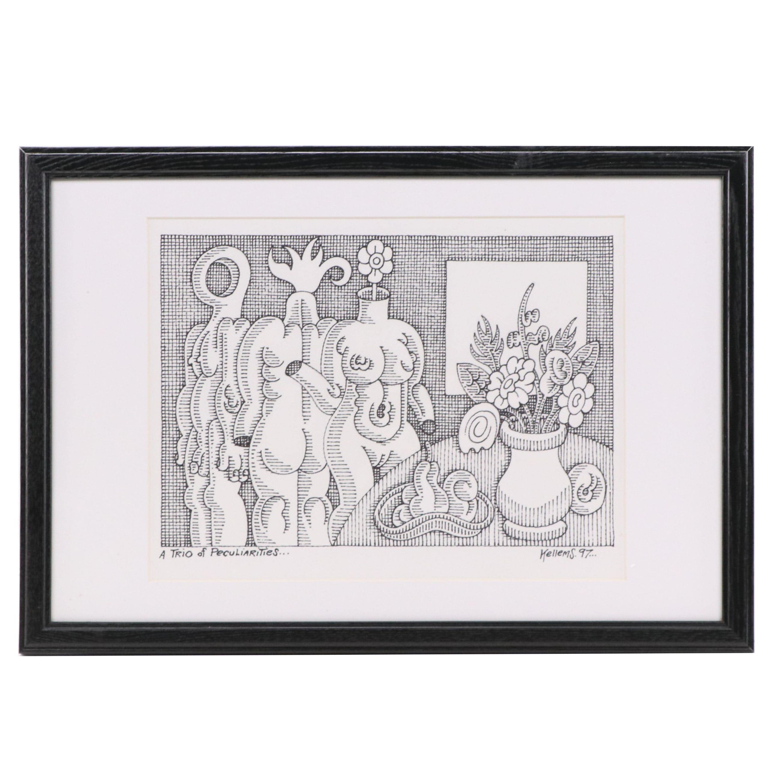 Jerry Kellems Stylized Surrealist Drawing "A Trio of Peculiarities," 1997