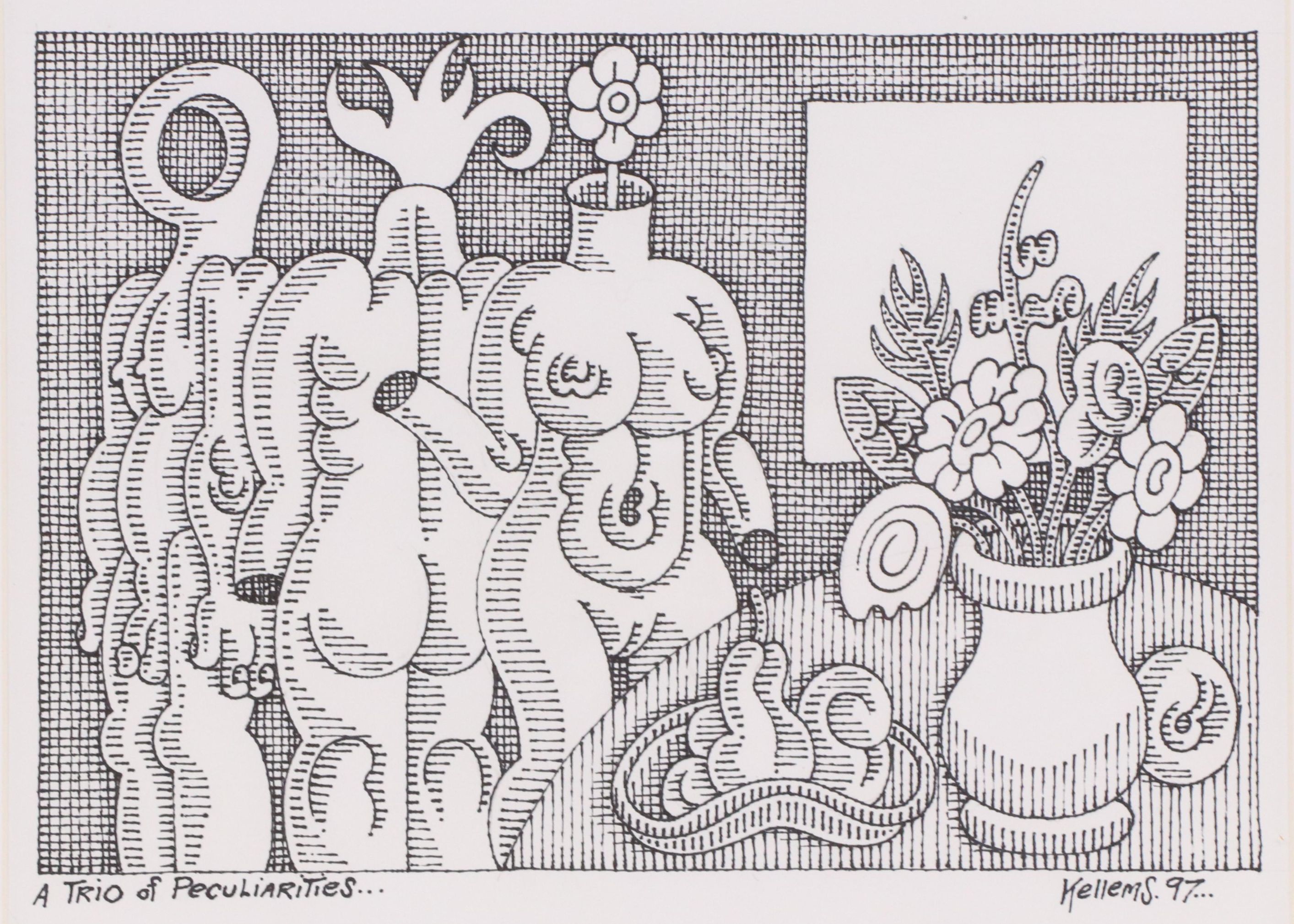 Jerry Kellems Stylized Surrealist Drawing "A Trio of Peculiarities," 1997