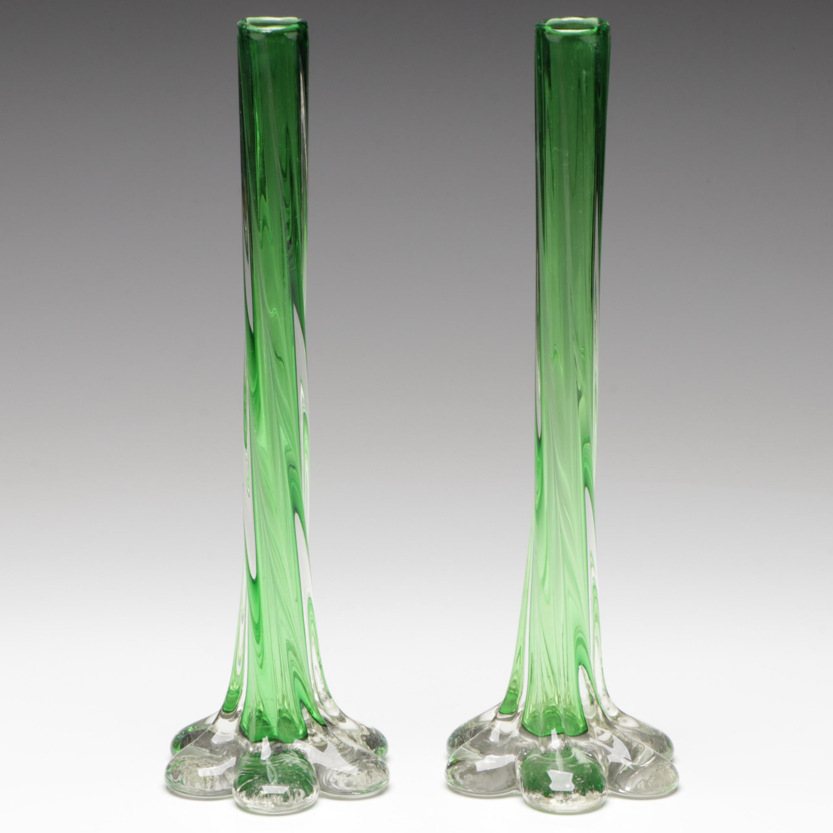 Green and Clear Twisted Glass Elephant Foot Vases