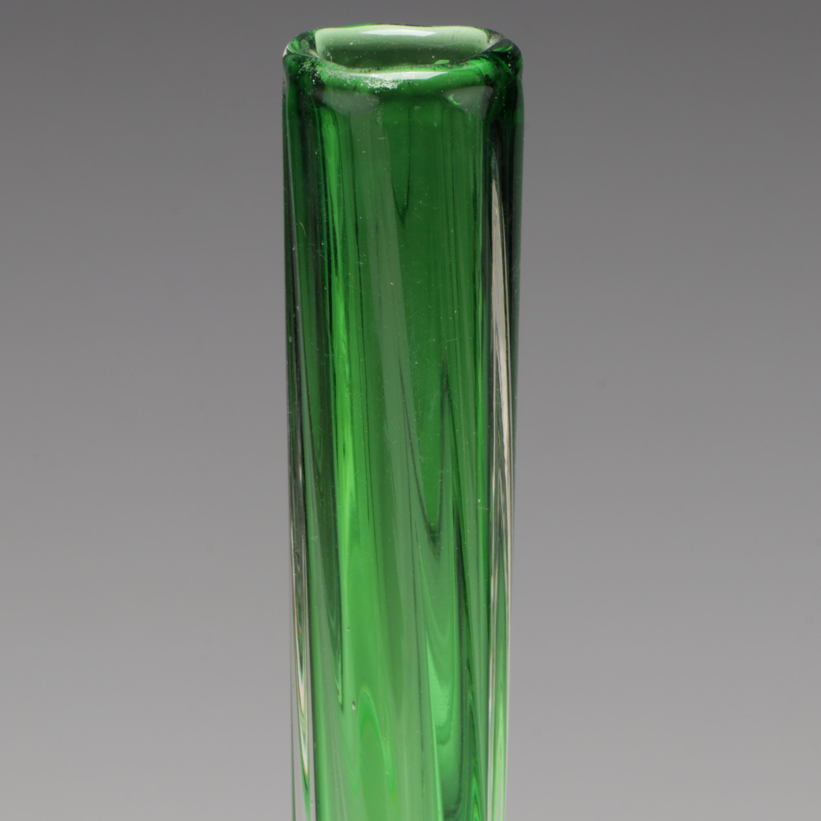 Green and Clear Twisted Glass Elephant Foot Vases