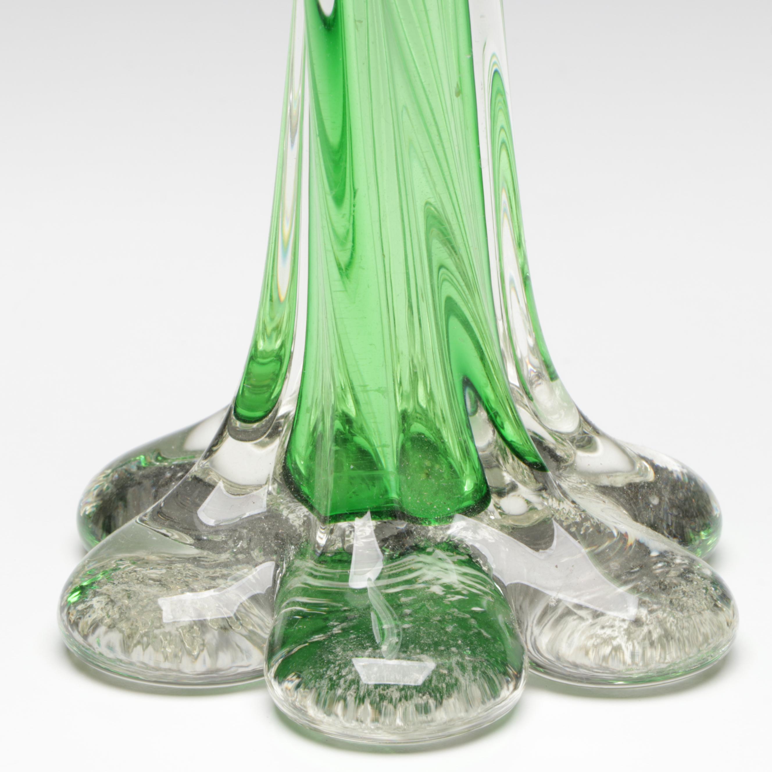 Green and Clear Twisted Glass Elephant Foot Vases