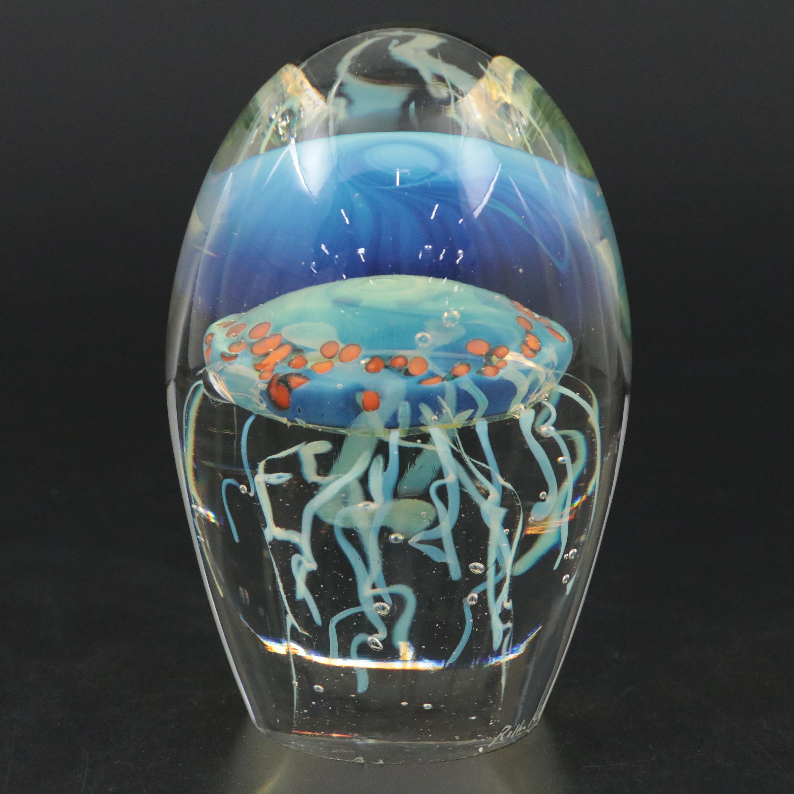 Rollin Karg Handcrafted Opalescent Studio Art Glass Jellyfish Paperweight, 2006
