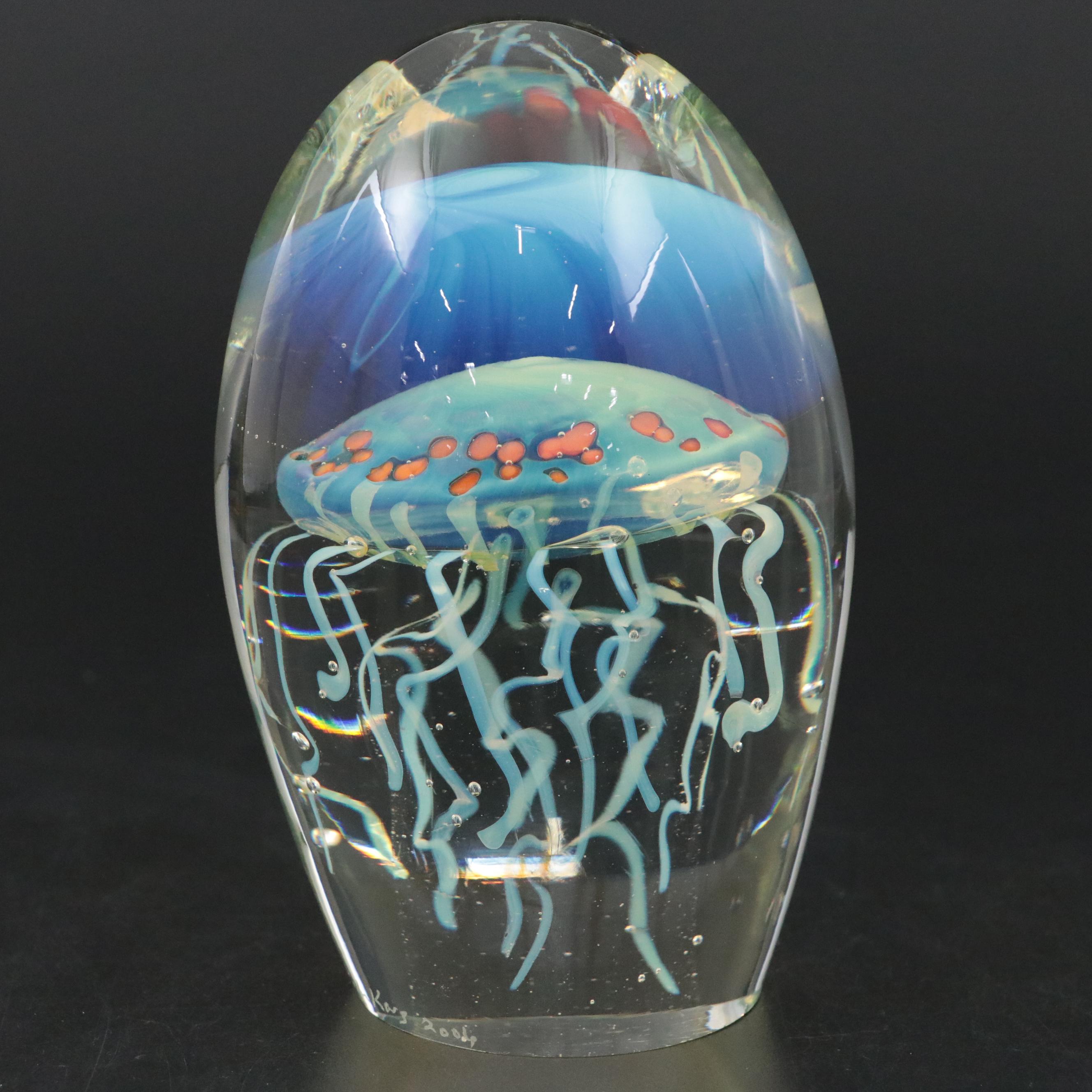 Rollin Karg Handcrafted Opalescent Studio Art Glass Jellyfish Paperweight, 2006