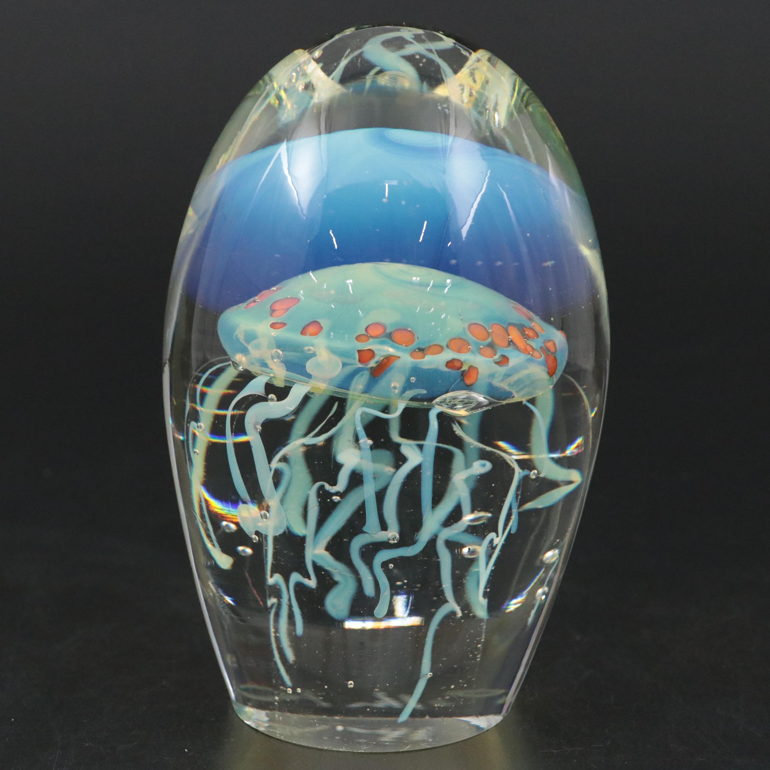 Rollin Karg Handcrafted Opalescent Studio Art Glass Jellyfish Paperweight, 2006