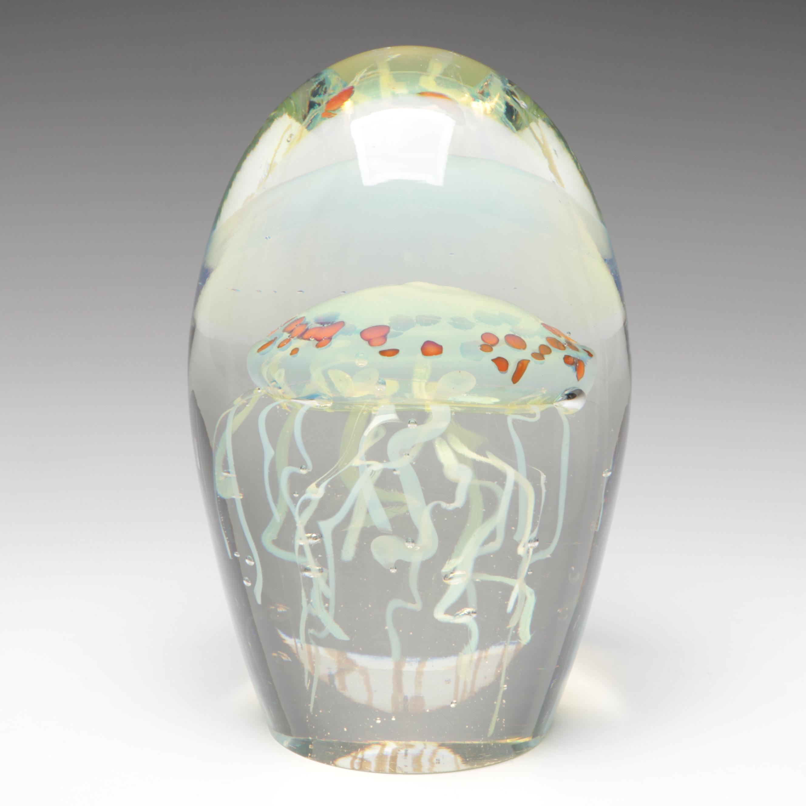 Rollin Karg Handcrafted Opalescent Studio Art Glass Jellyfish Paperweight, 2006