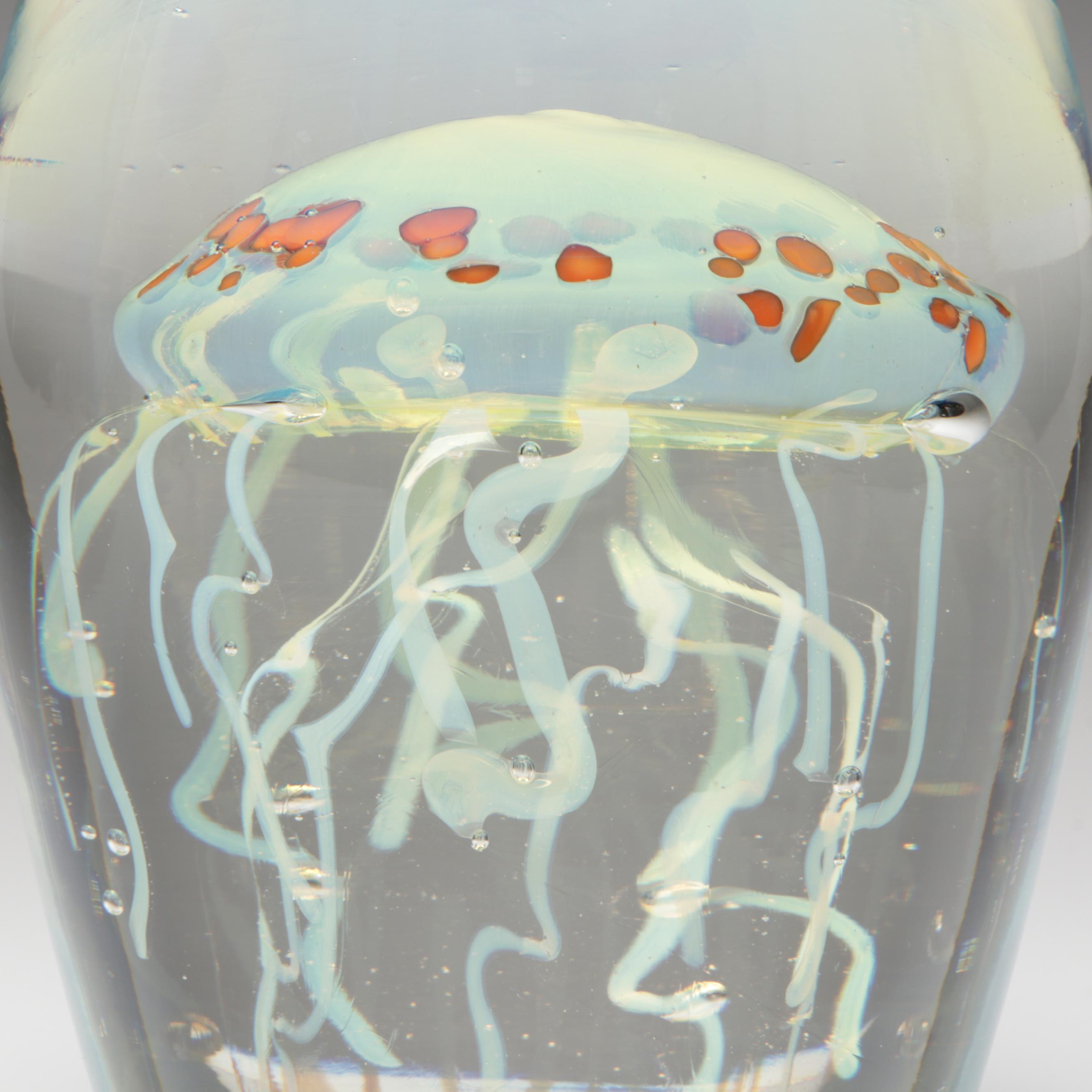 Rollin Karg Handcrafted Opalescent Studio Art Glass Jellyfish Paperweight, 2006