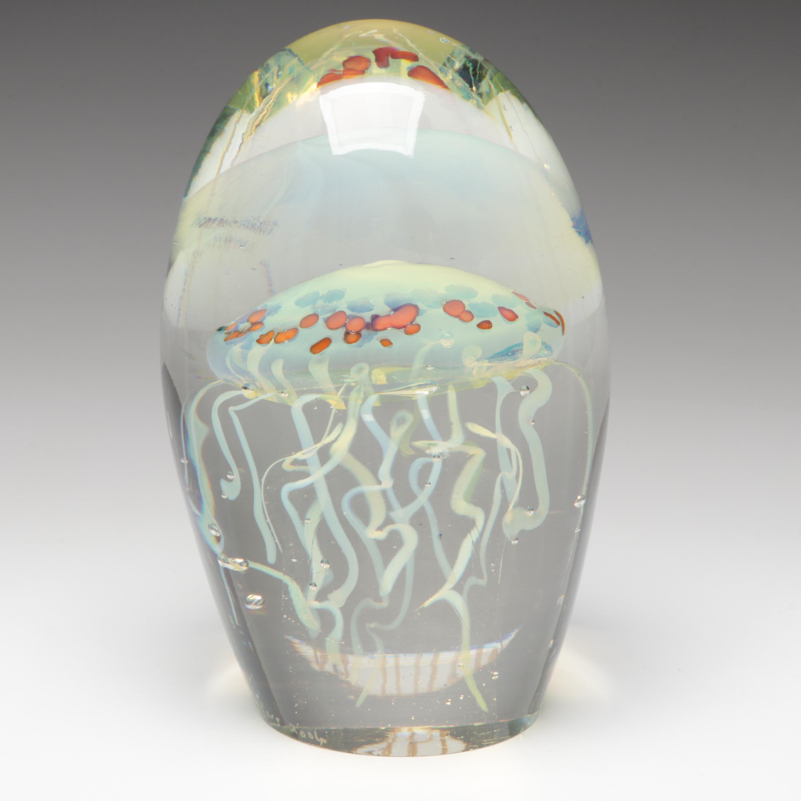Rollin Karg Handcrafted Opalescent Studio Art Glass Jellyfish Paperweight, 2006