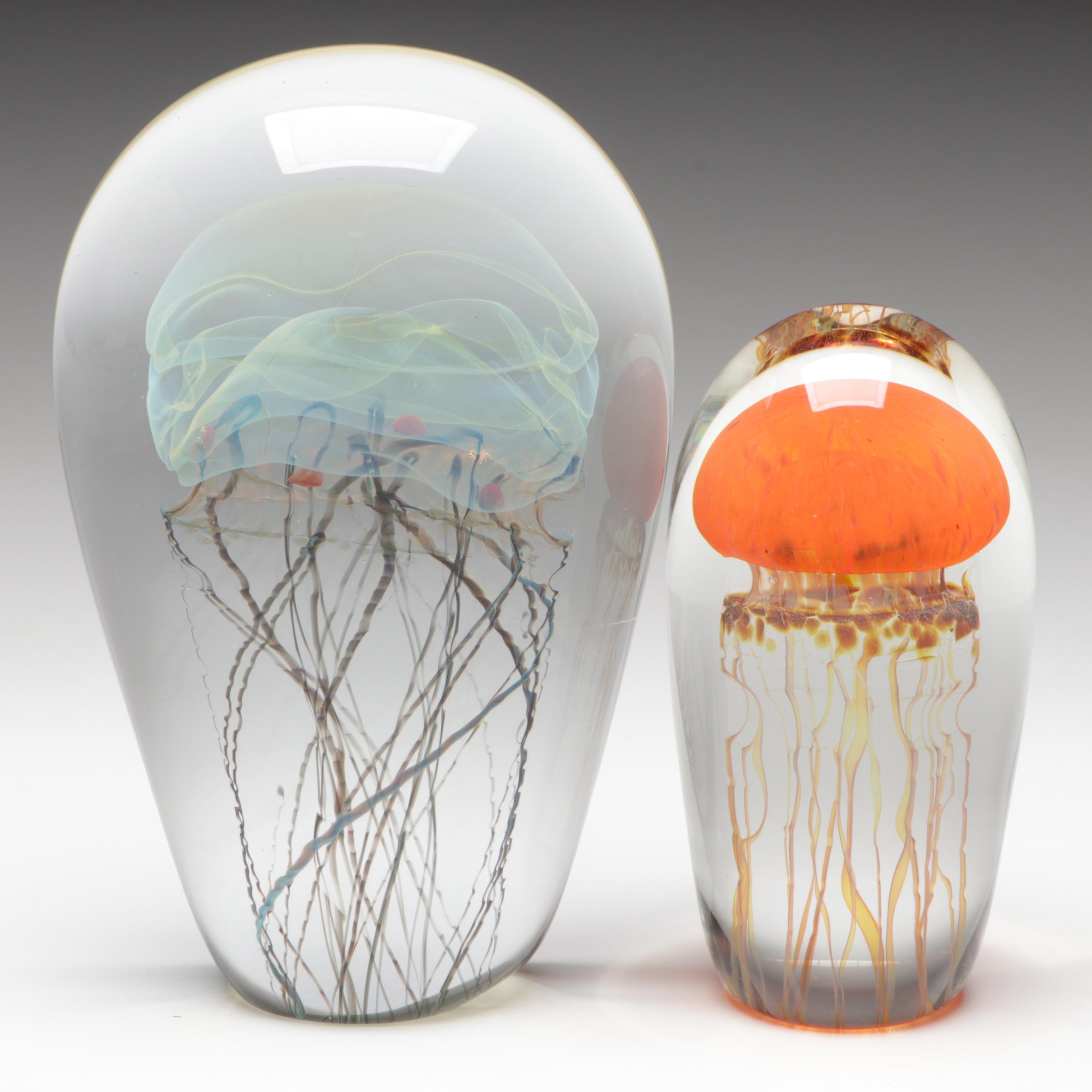 Richard Satava Handcrafted Opalescent Studio Art Glass Jellyfish Paperweights