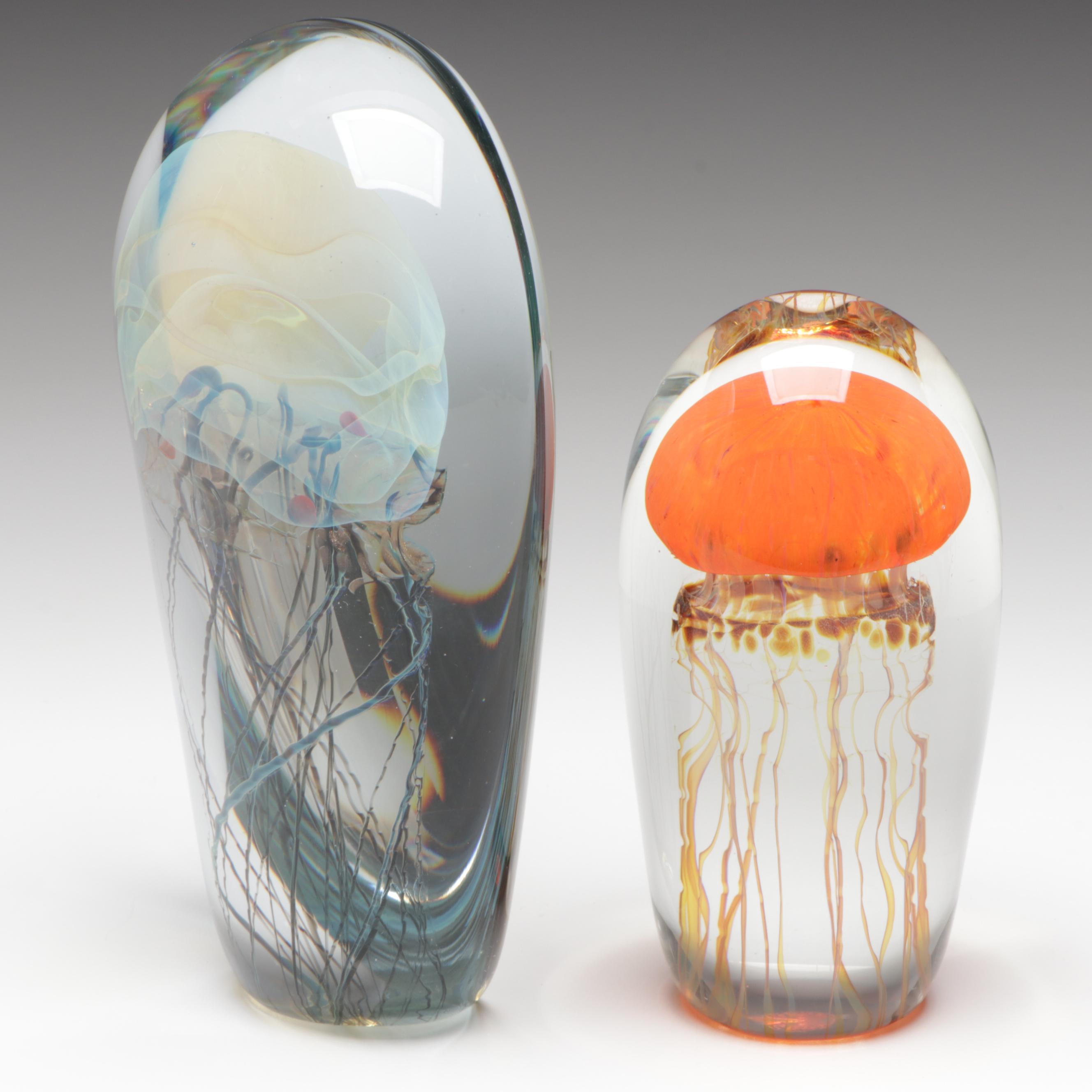 Richard Satava Handcrafted Opalescent Studio Art Glass Jellyfish Paperweights