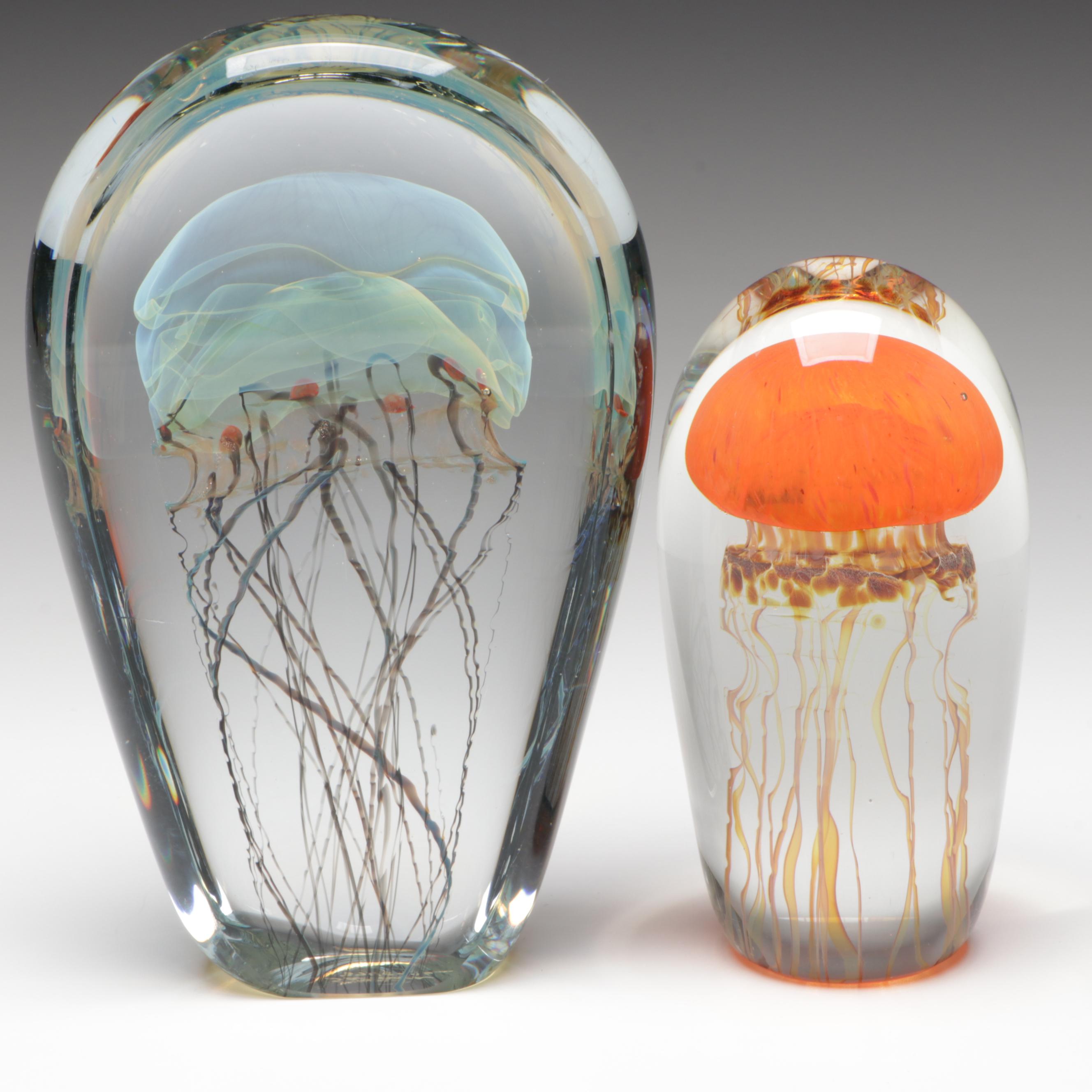 Richard Satava Handcrafted Opalescent Studio Art Glass Jellyfish Paperweights
