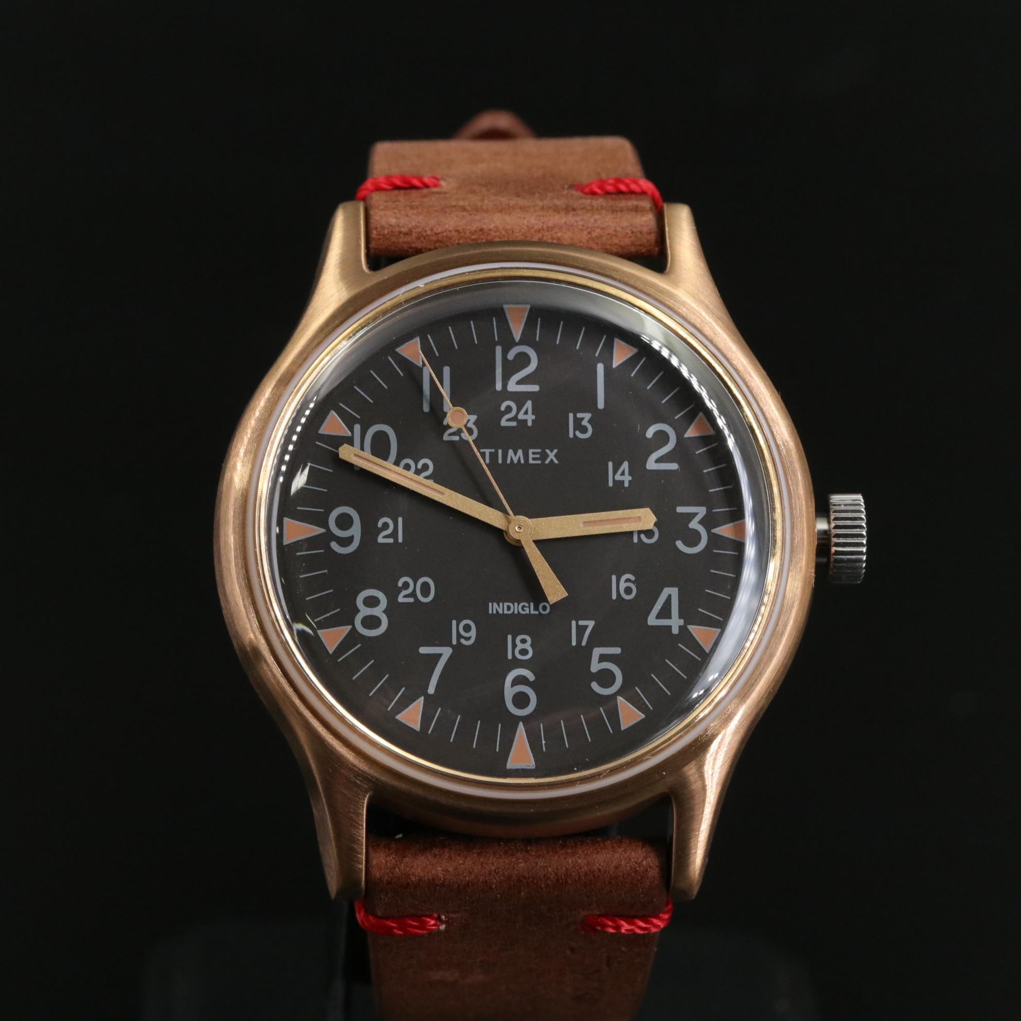 Timex MK1 Quartz Watch with Black Dial and Brown Leather Strap