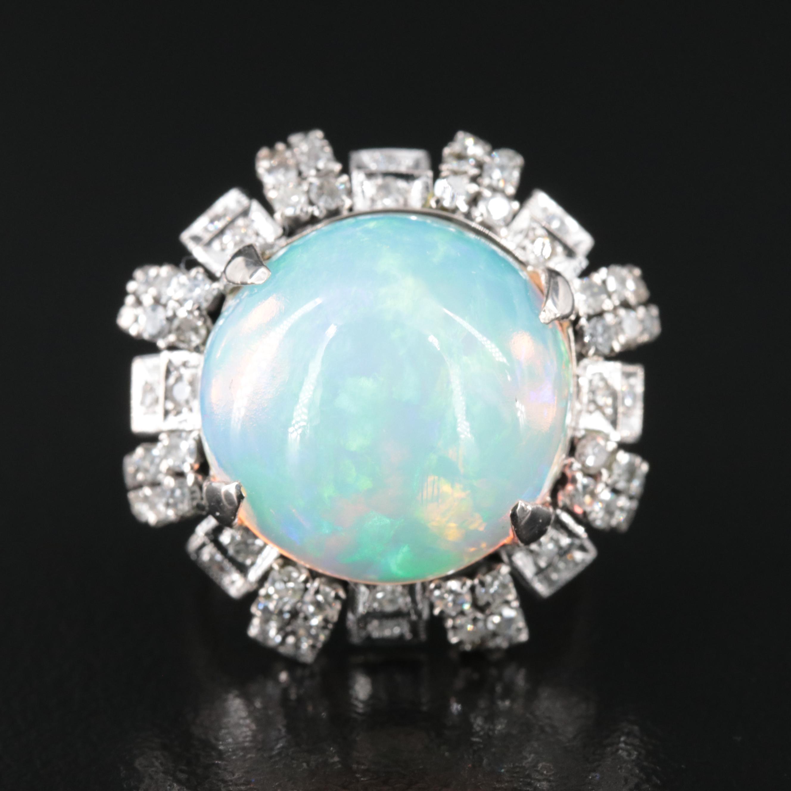 1940s Palladium 14.57 CT Opal and Diamond Ring