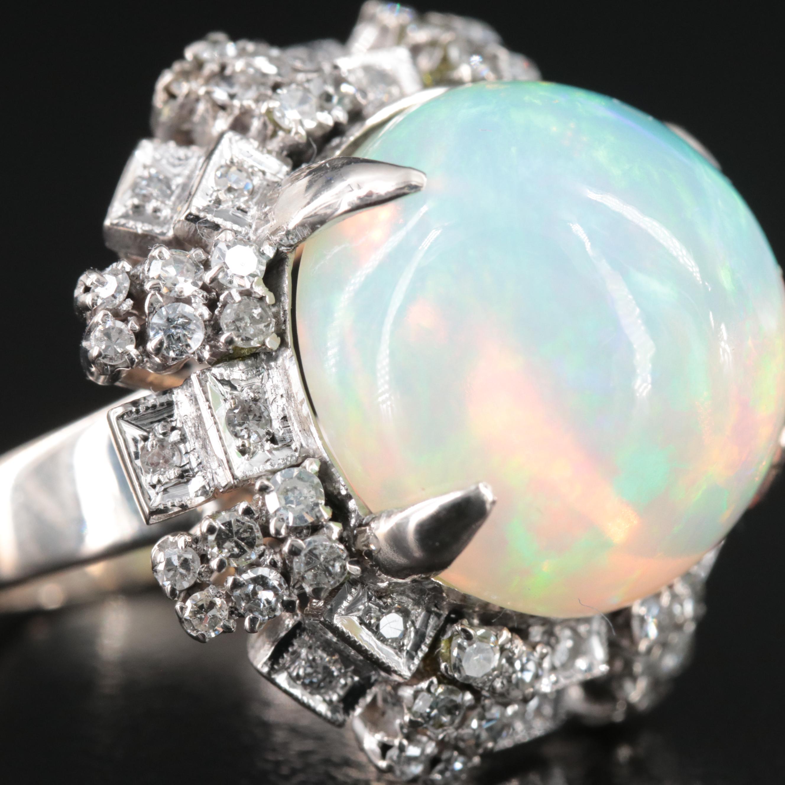 1940s Palladium 14.57 CT Opal and Diamond Ring