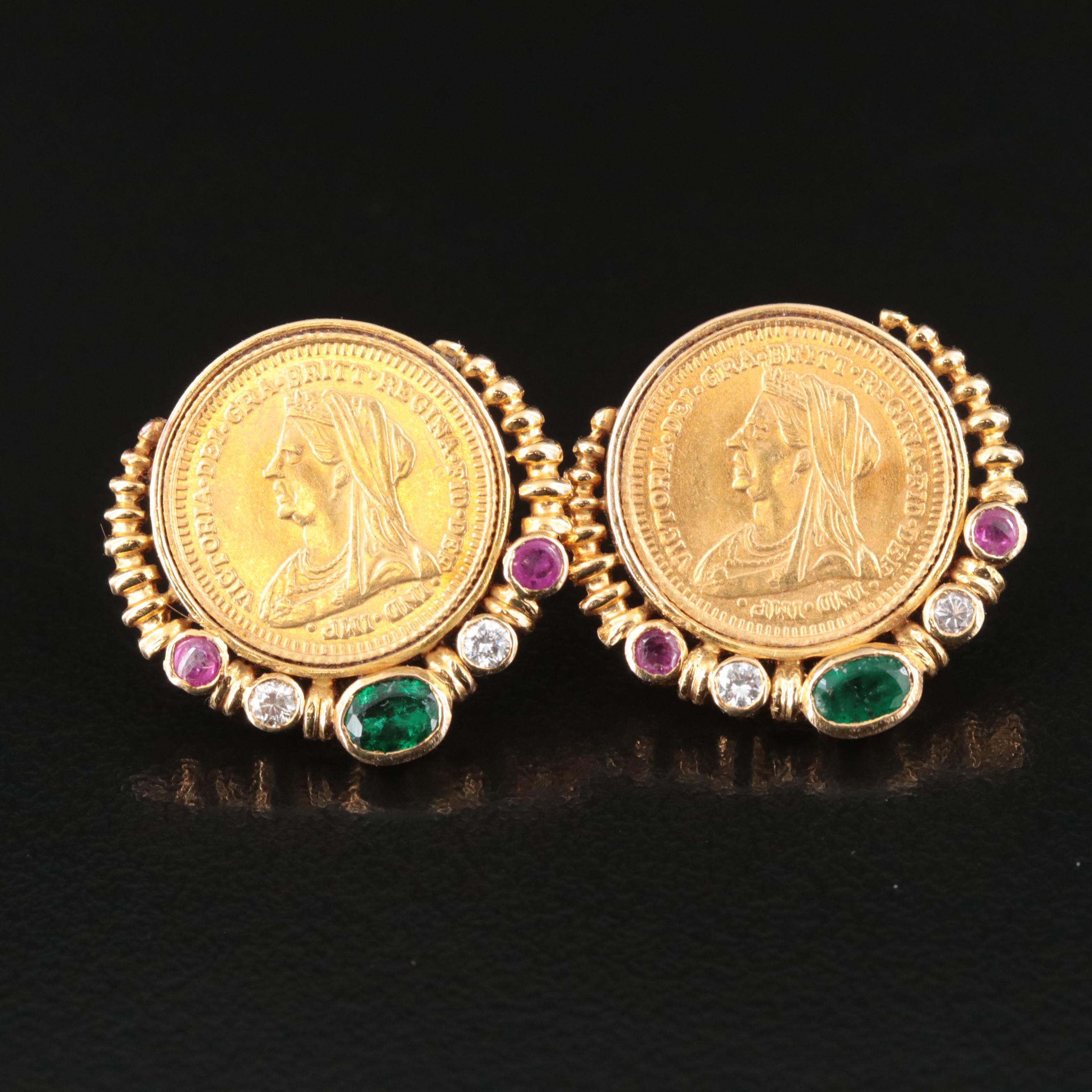 18K Emerald, Ruby and Diamond Earrings with Replica 1891 British Sovereign Coins