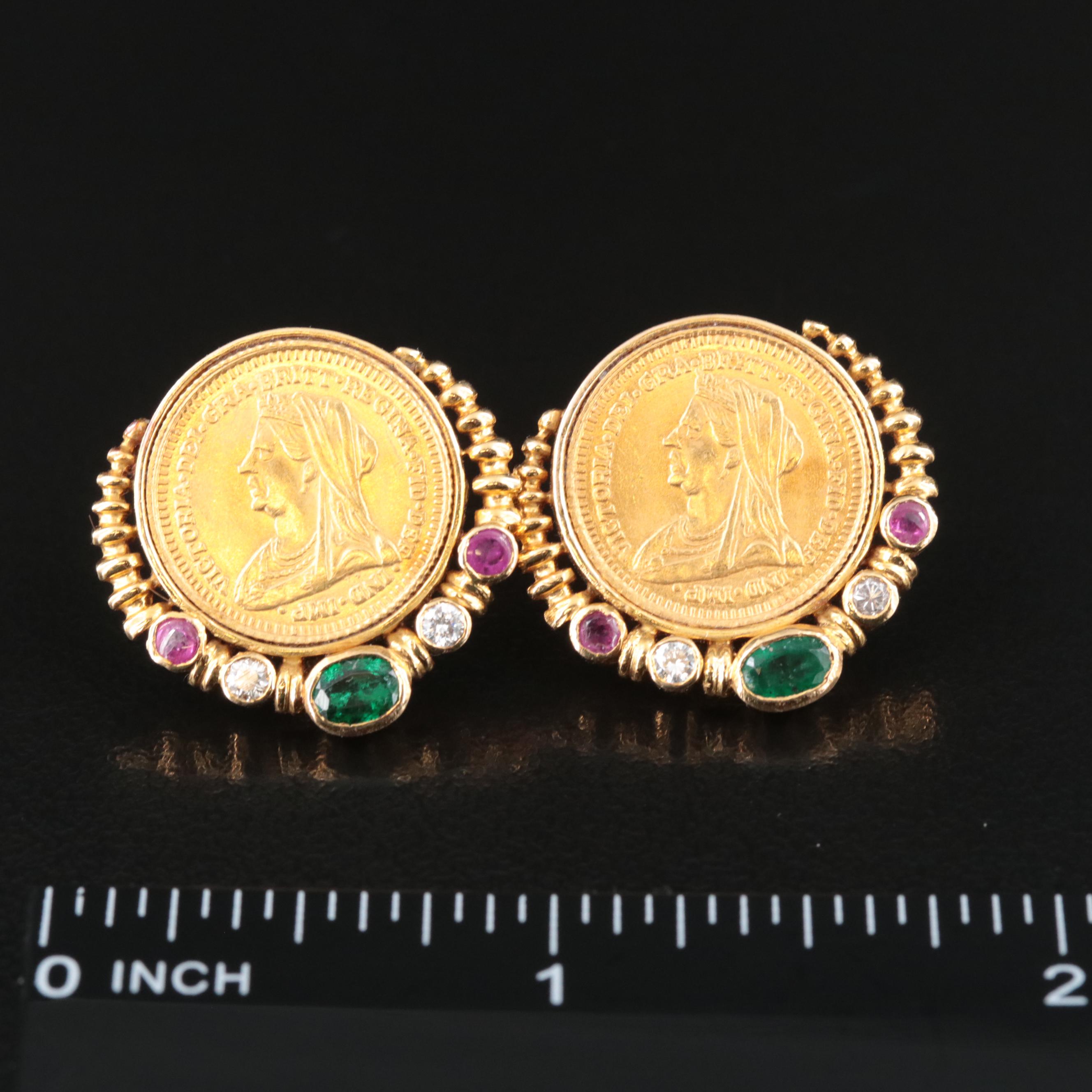 18K Emerald, Ruby and Diamond Earrings with Replica 1891 British Sovereign Coins