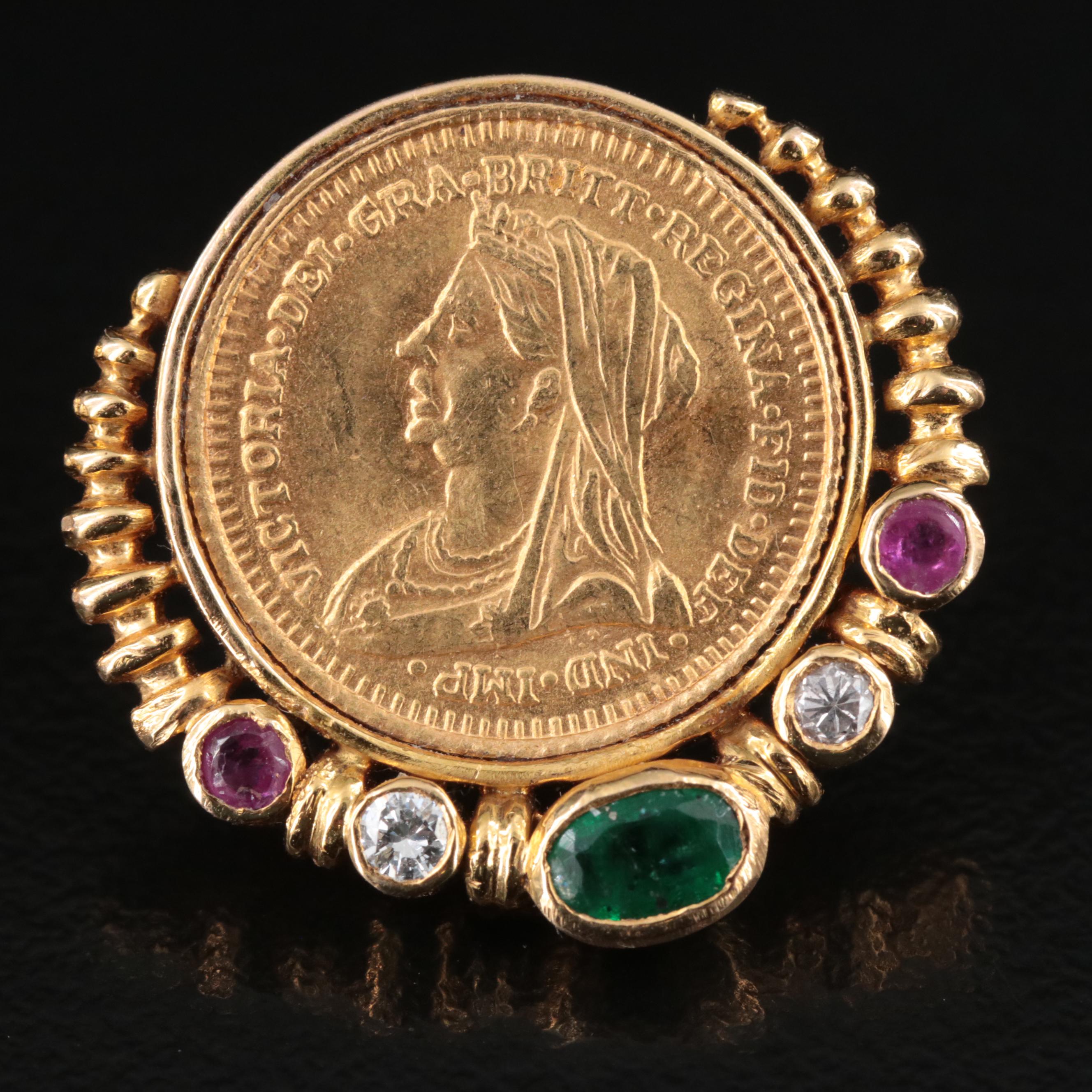 18K Emerald, Ruby and Diamond Earrings with Replica 1891 British Sovereign Coins