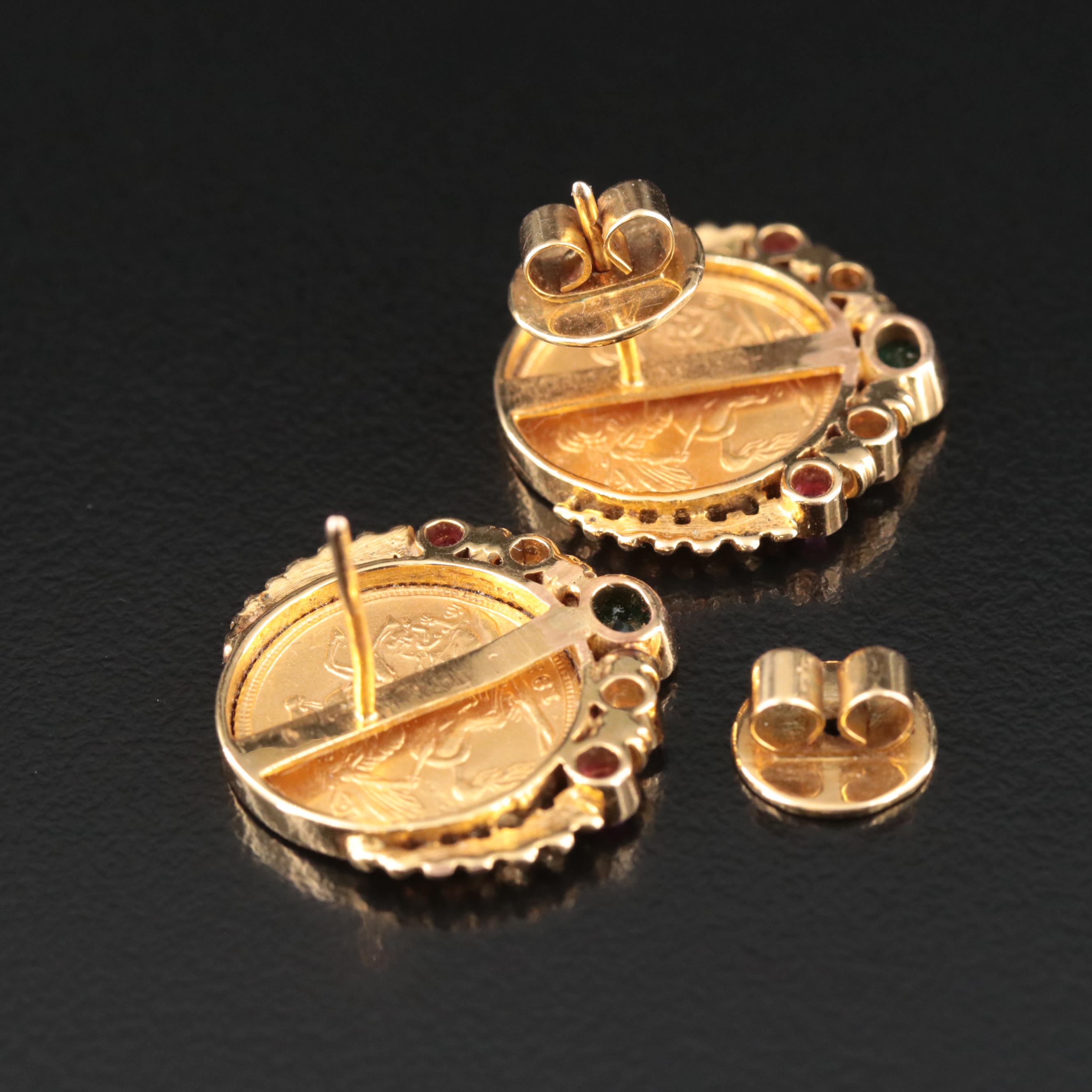 18K Emerald, Ruby and Diamond Earrings with Replica 1891 British Sovereign Coins