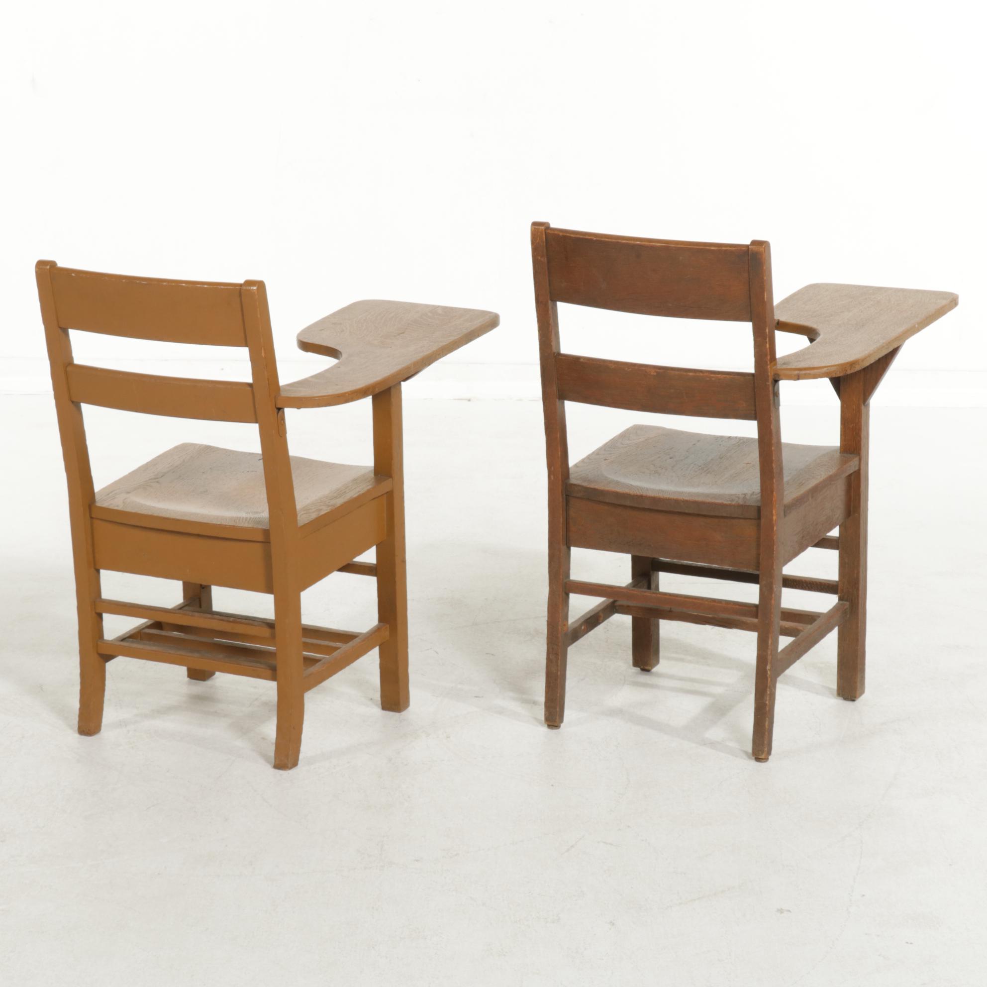 Two Oak Tablet-Arm School Chairs, Early to Mid 20th Century