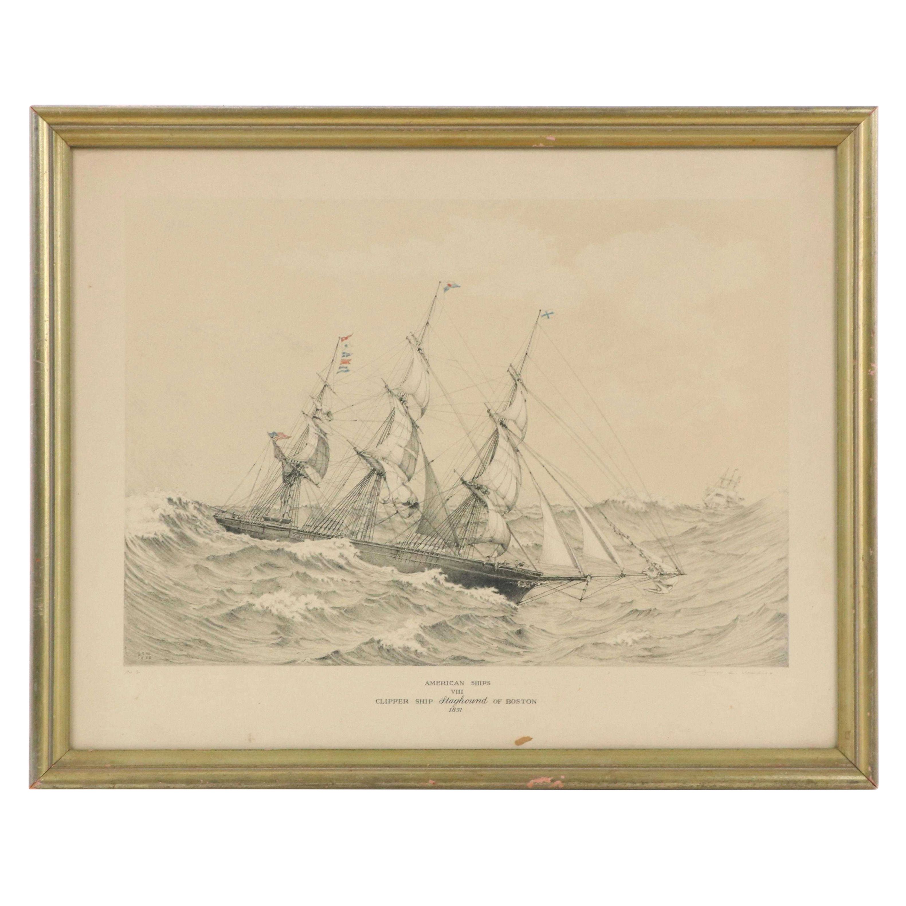 George C. Wales Hand-Colored Lithograph "Clipper Ship Staghound of Boston 1851"
