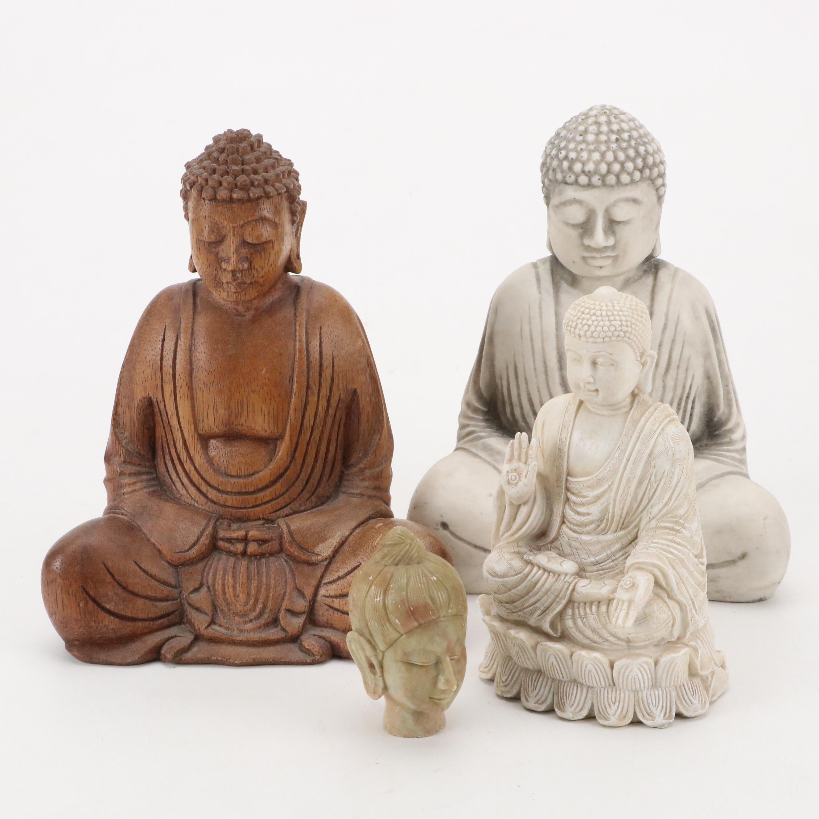 Hand-Carved Wood Buddha Statue with Ceramic and Resin Buddha Statues and More