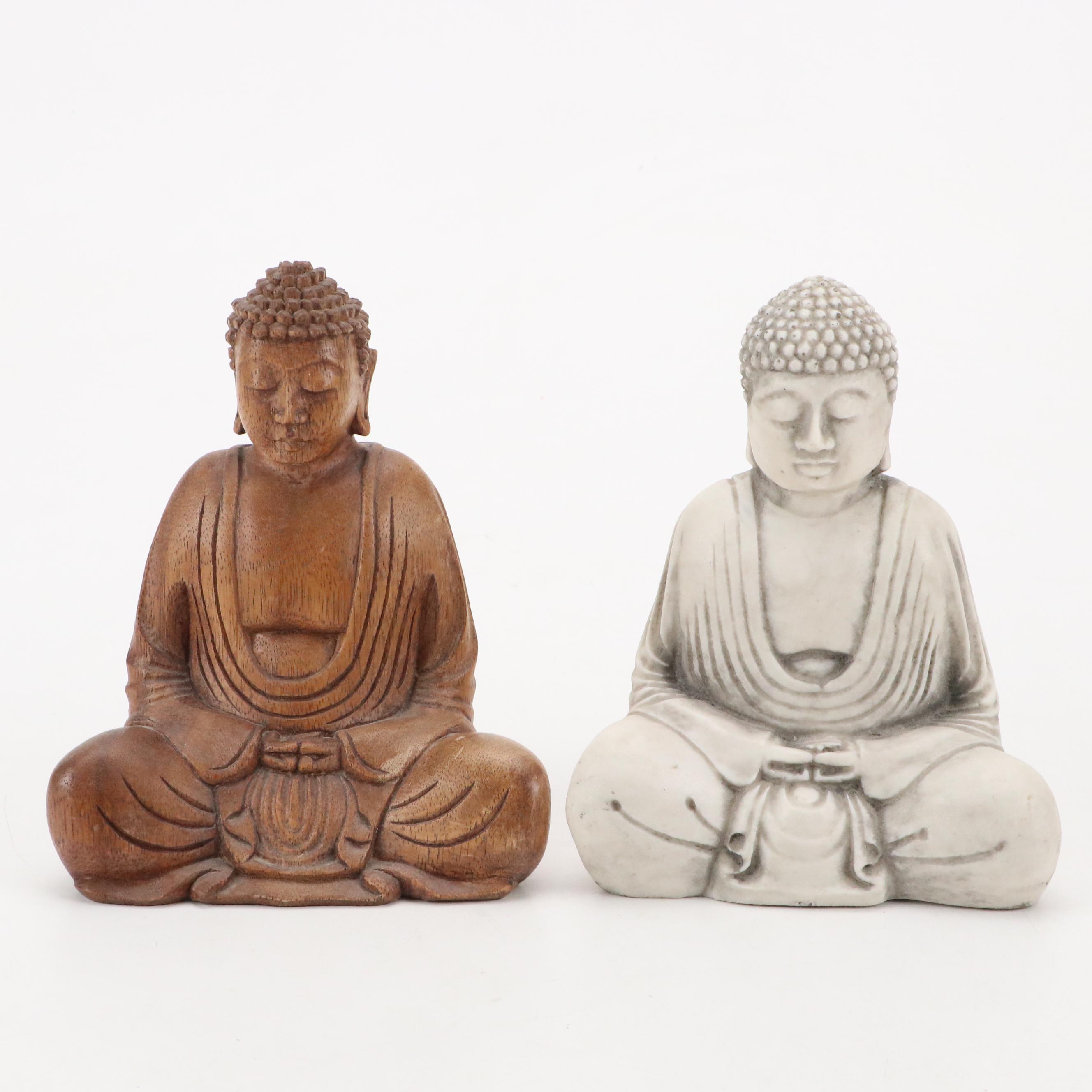 Hand-Carved Wood Buddha Statue with Ceramic and Resin Buddha Statues and More