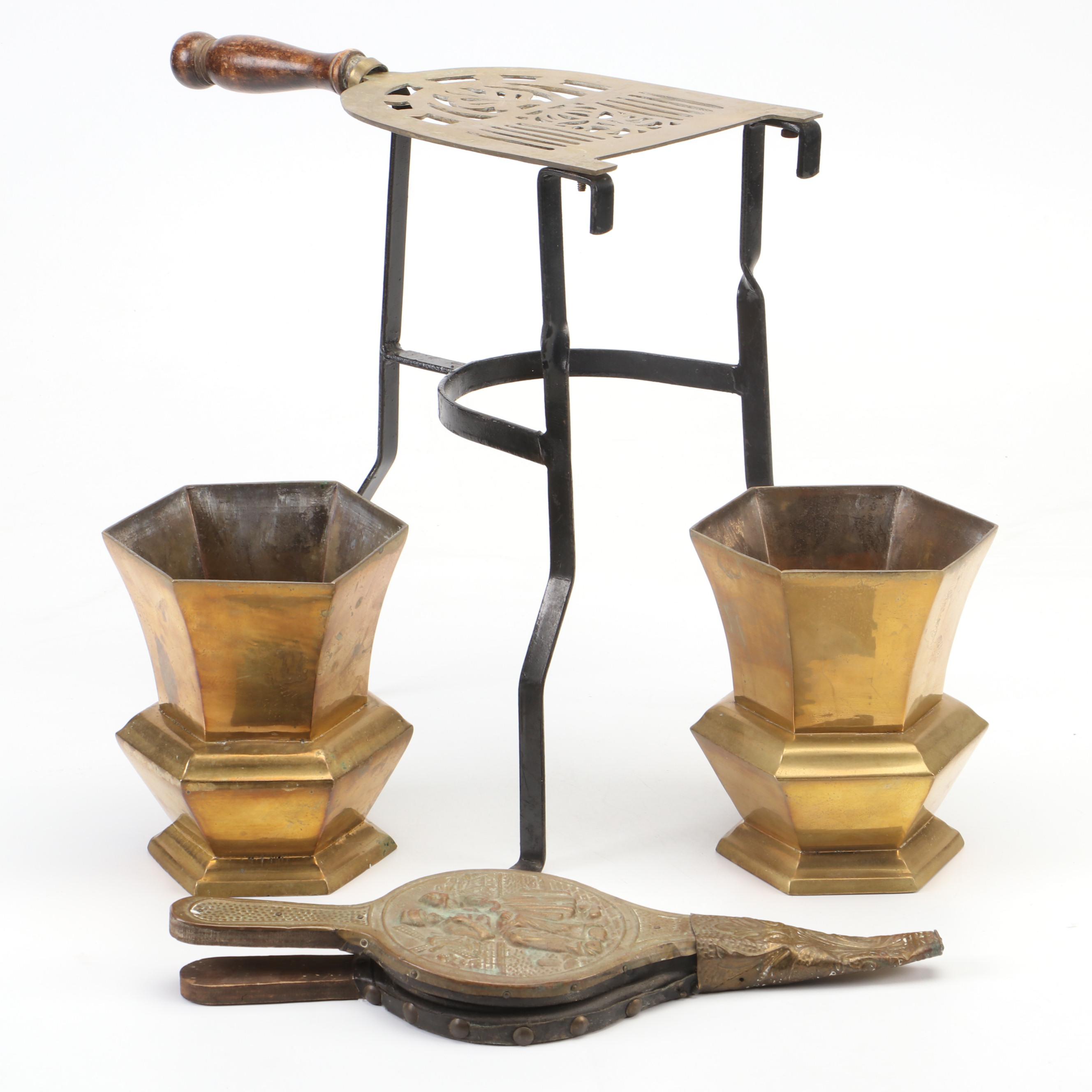 Hexagon Shape Brass Vases with Embossed Brass Fireplace Bellows and More