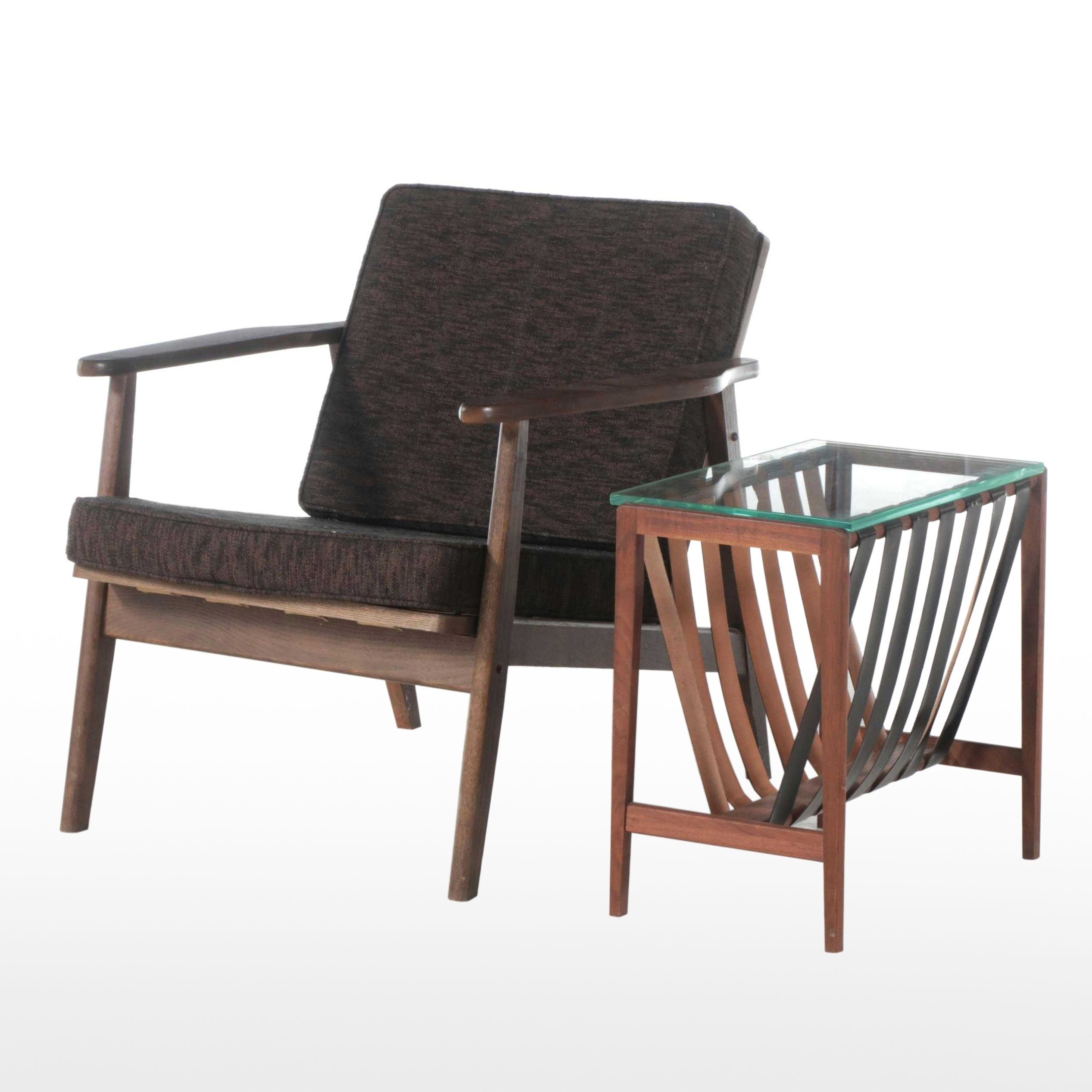 Frank & Son Mid Century Modern Armchair with Teak and Leather Magazine Rack