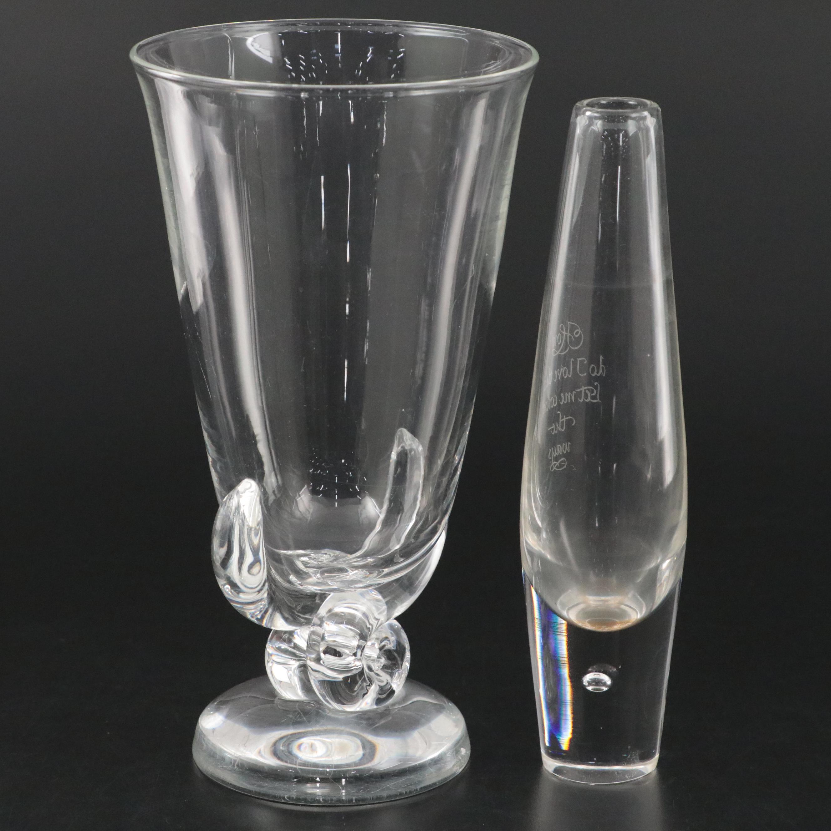 Steuben Crystal Footed Vase and Controlled Bubble Bud Vase